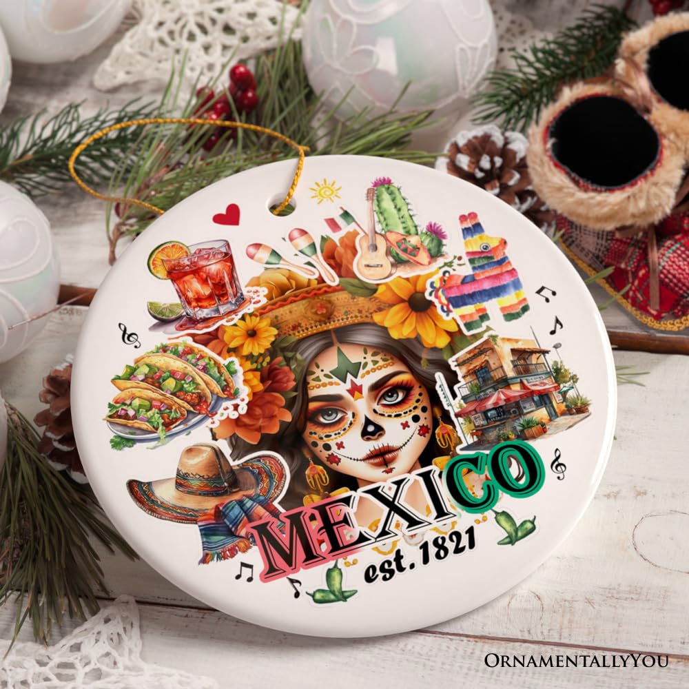 Pendentif De Noël En Céramique - Motif Drapeau Du Mexique, Avec Corde Dorée - Décoration Festive - 5