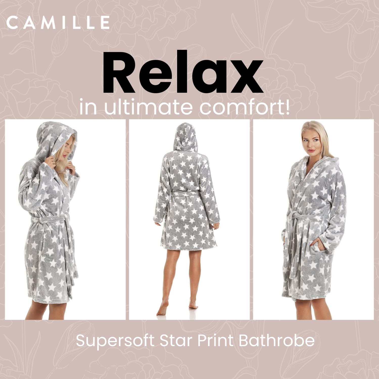 Camille Robe de chambre à capuche en polaire super douce pour femme - Blanc - Longueur genou - Manches longues - Fermeture à ceinture et poches latérales - Gris, gris, 42-44