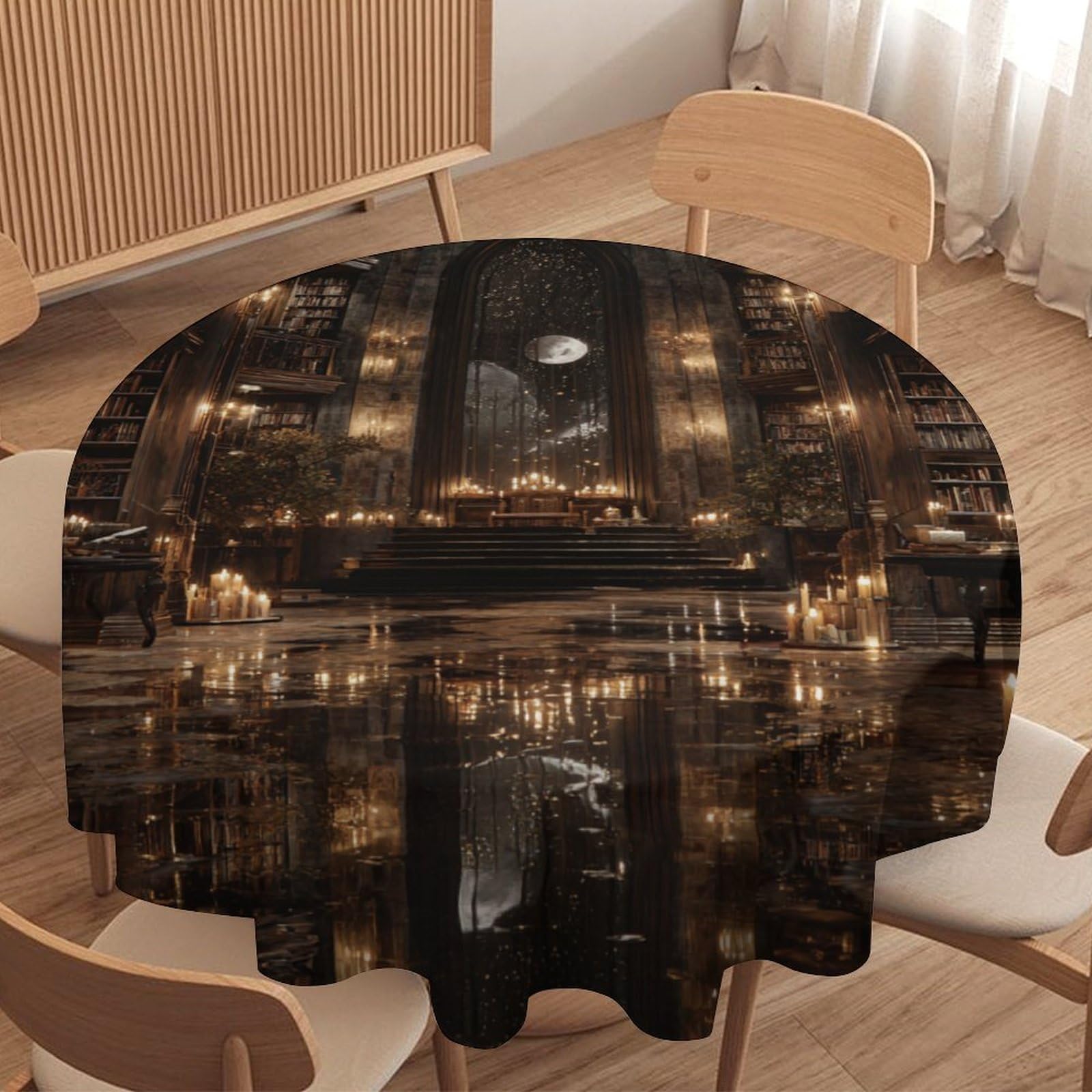 LUYYSKY Gothic Retro Church Print Waterproof Round Tablecloth Rustic Oil Painting European Architecture Castle Print Washable Table Cover for Kitchen-177.8" Wx177.8 L cm