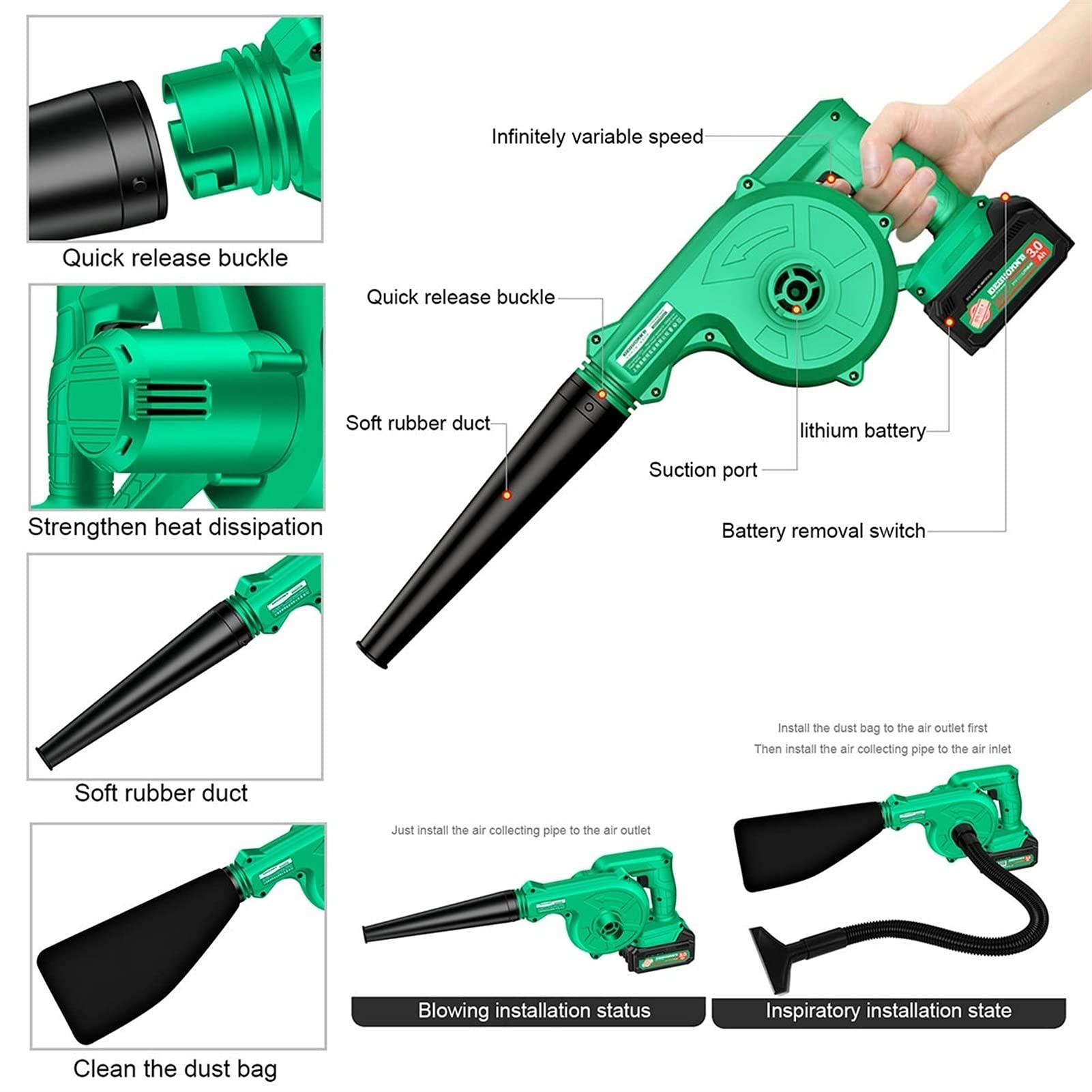 Soffiatore/Aspiratore a Batteria, Soffiatore di Foglie Senza Fili, Batteria agli Ioni di Litio da 21 V (velocità a Vuoto: 0-18.000 Giri/min, Volume d'Aria 2,8 m³, 1.08kg, 51x21cm)