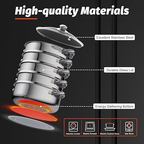 Miniatura 6 de Vaporizador multiusos de acero inoxidable 304 de 5 niveles con sartén apilable y tapa para albóndigas al vapor, carnes, verduras y pasta (11.8