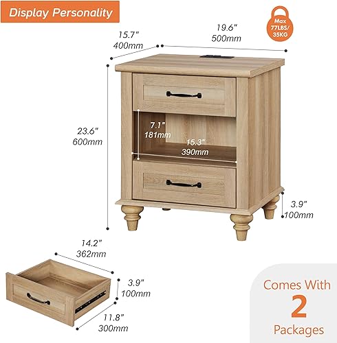 Miniatura 46 de WAMPAT Mesita de noche de ratán con estación de carga, mesa auxiliar de madera clara con 2 cajones para sala de estar, mesita de noche rústica para