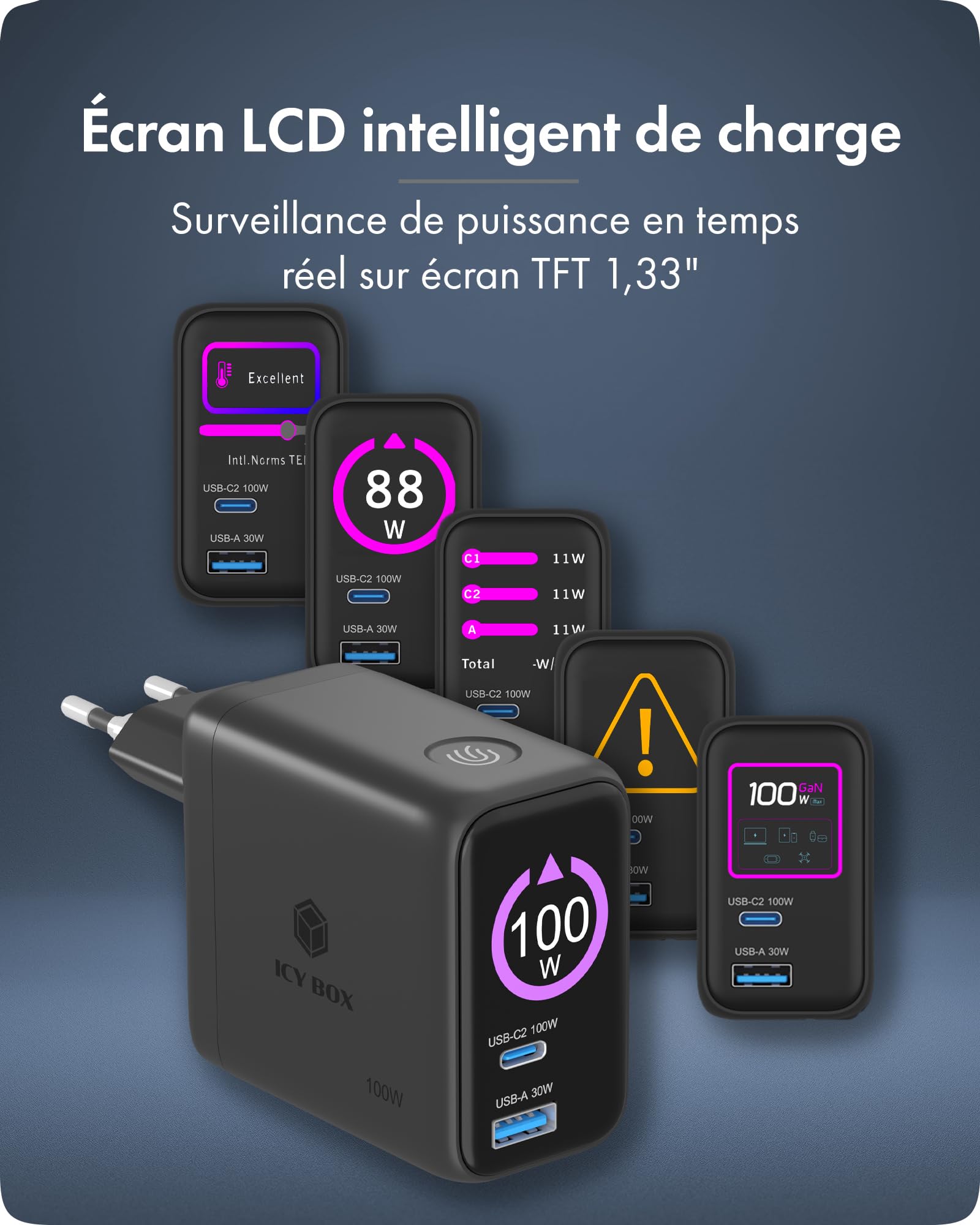 ICY Box Club Charger IB-PS1002 Chargeur Rapide USB-C GaN avec écran, 2 Ports USB-C + USB-A Multi-Ports, câble USB-C rétractable intégré de 70 cm, Bloc d'alimentation Power Delivery, IB-PS1002