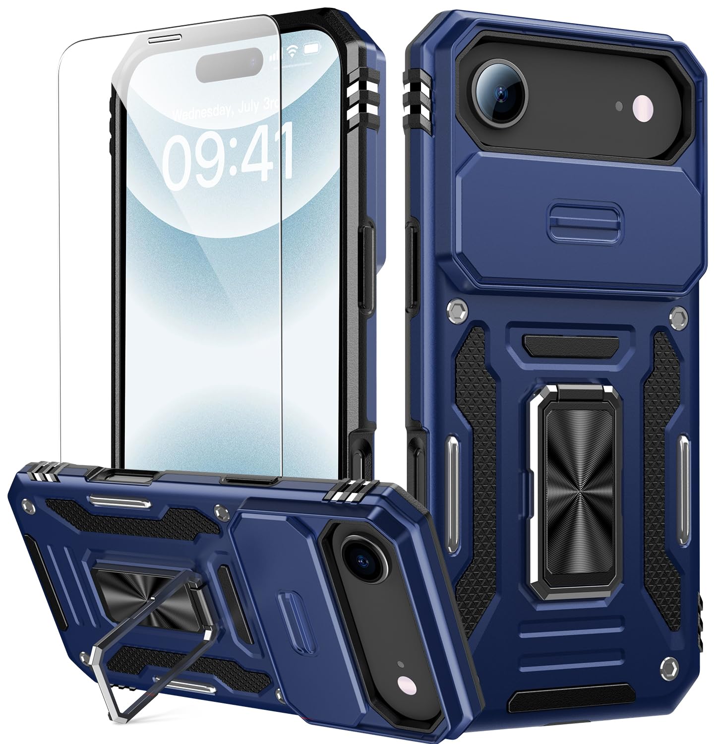 GOODON for iPhone Air Case with Sliding Camera Cover + Screen Protector - Magnetic Rotated Ring Kickstand - Military-Grade Shockproof Protective Phone Cover for iPhone 17 Air for Men Women - Navy blue