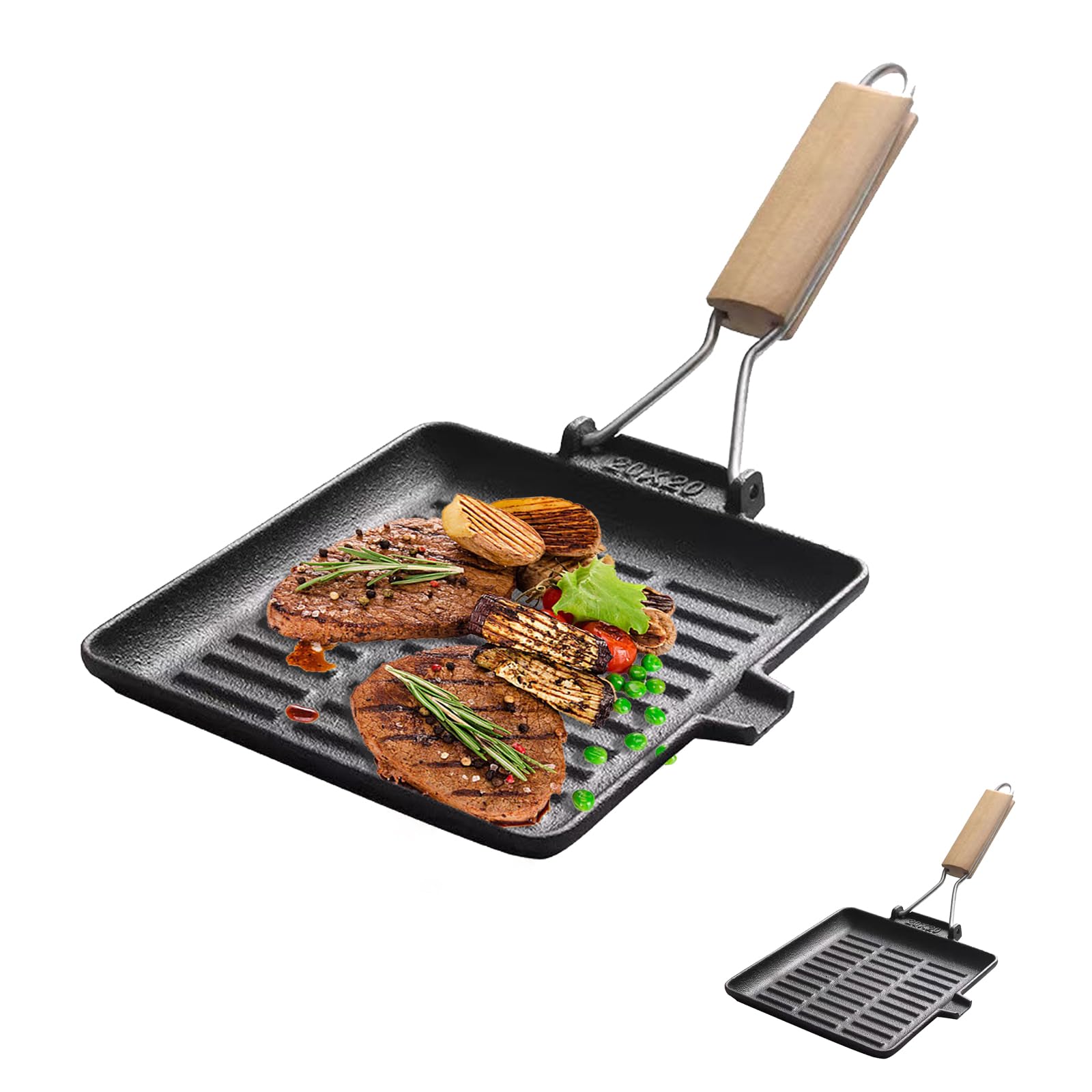 Sartén para carne de hierro fundido, 20 × 20 cm, parrilla con mango de madera plegable, parrilla cuadrada para inducción para todo tipo de cocinas, camping, exterior, cocina fácil de limpiar