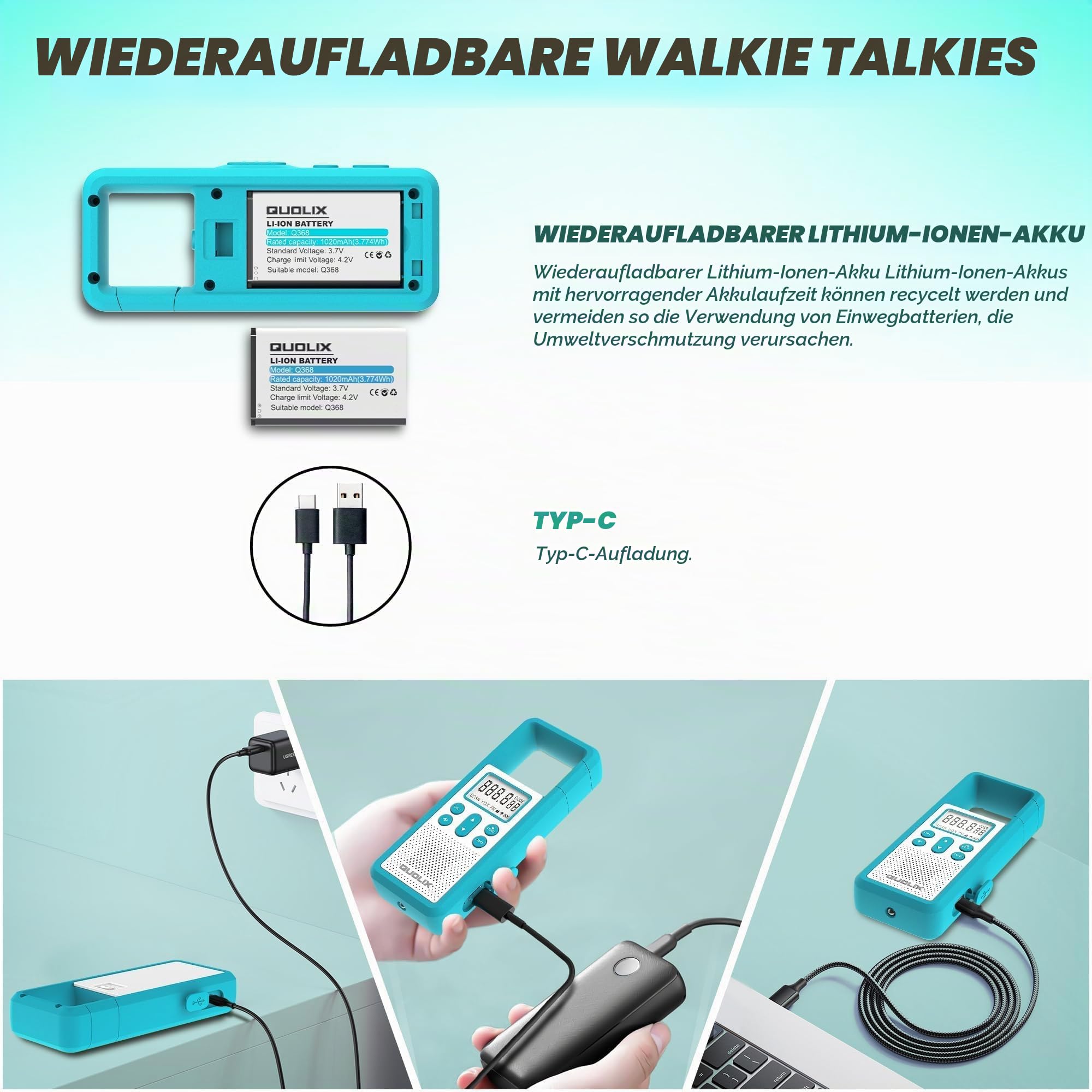 Walkie Talkie Aufladbar 4er Set, Großer Reichweite PMR Walky Talky, FM Funkgerät mit SOS Alarm & LED-Taschenlampe, Walkie Talkies für Erwachsene Mit VOX,Geeignet für Outdoor-Abenteuer,Radfahren,Reisen