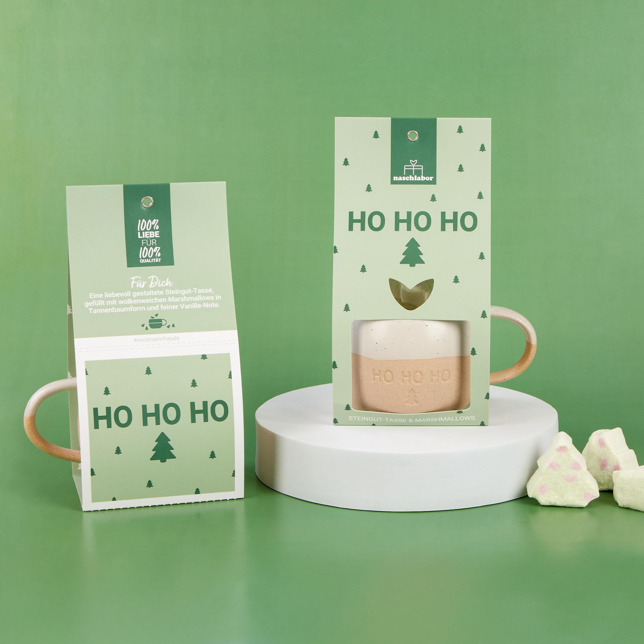 6er Set Ho Ho Ho mit Tasse und Marshmallows in Tannenbaum-Form | Weihnachtliche Idee für Familie, Freunde & Kollegen | Süßes Mitbringsel für Advent & Weihnachten | Perfekt zum Dekorieren, Genießen