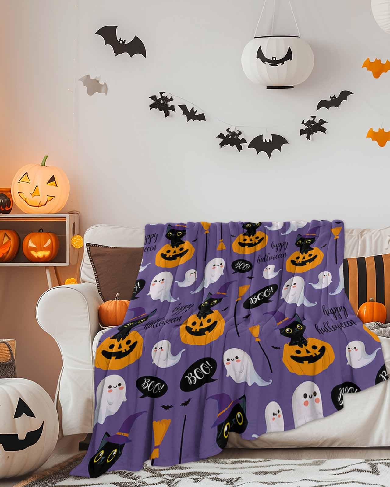 Grüselig-gemütliche Halloween-Überwurfdecke: Boo-Kürbisse, Spinnweben & Katzen Auf Grauem Samt-Fleece (178x127 Cm)