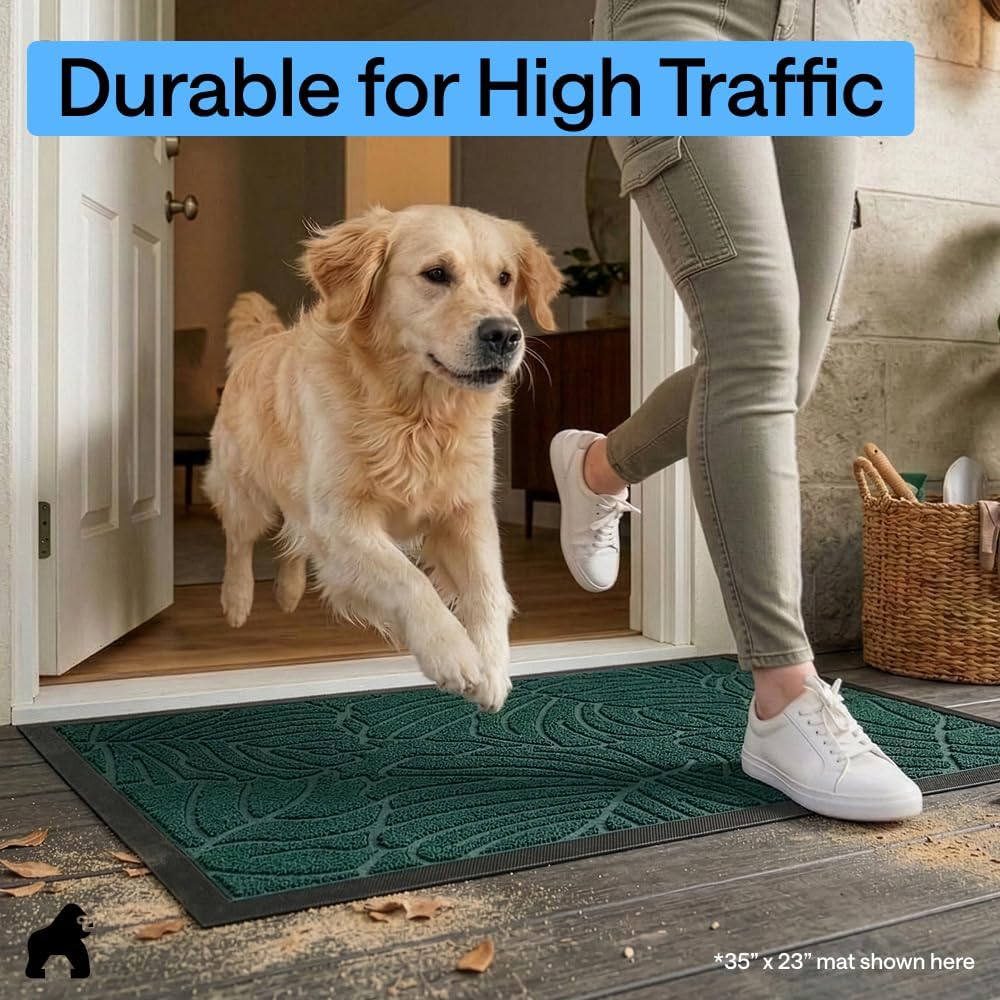 GORILLA GRIP 100% Waterproof All-Season WeatherMAX Doormat 35x23, US Designed Natural Rubber, Stain and Fade Resistant, Low Profile Indoor Outdoor Door Mats, Easy Clean Patio Mat, Green Palm