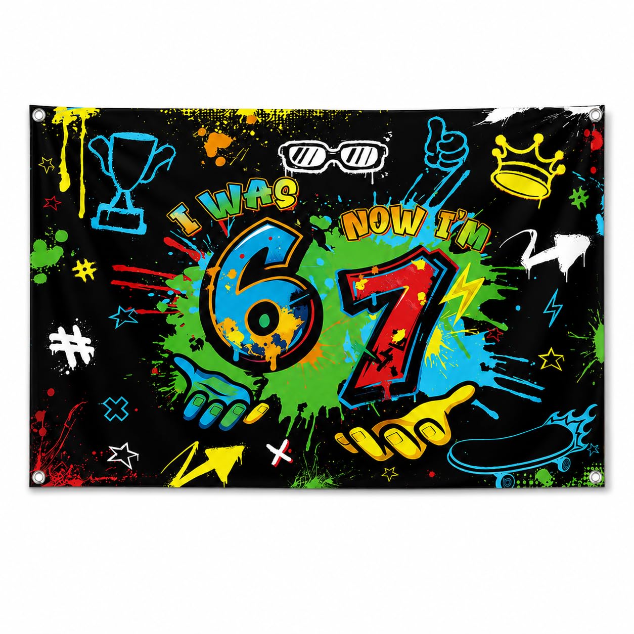 7th Birthday Backdrop, 6 7 Birthday Decorations, I was 6 Now I'm 7 Hip Hop Retro Style Party Backdrop, Polyester fabric, Personalised Banners for Boys Girls Cool Guys, 120x180cm