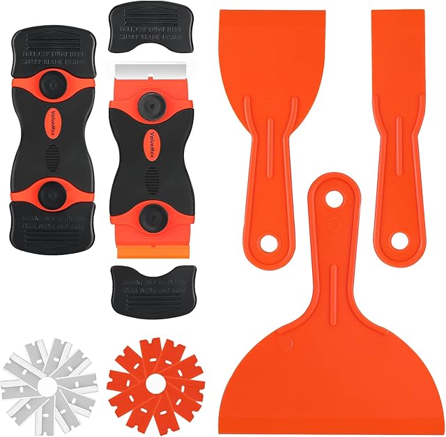 ValueMax 2-Pack Razor Blade Scrapers with 10Pcs Plastic Blades, 10Pcs Metal Blades and 3-Pack Plastic Putty Knives, Cleaning Razor Scraper Remover Tool for Decals, Stickers, Labels, Caulk, Paint
