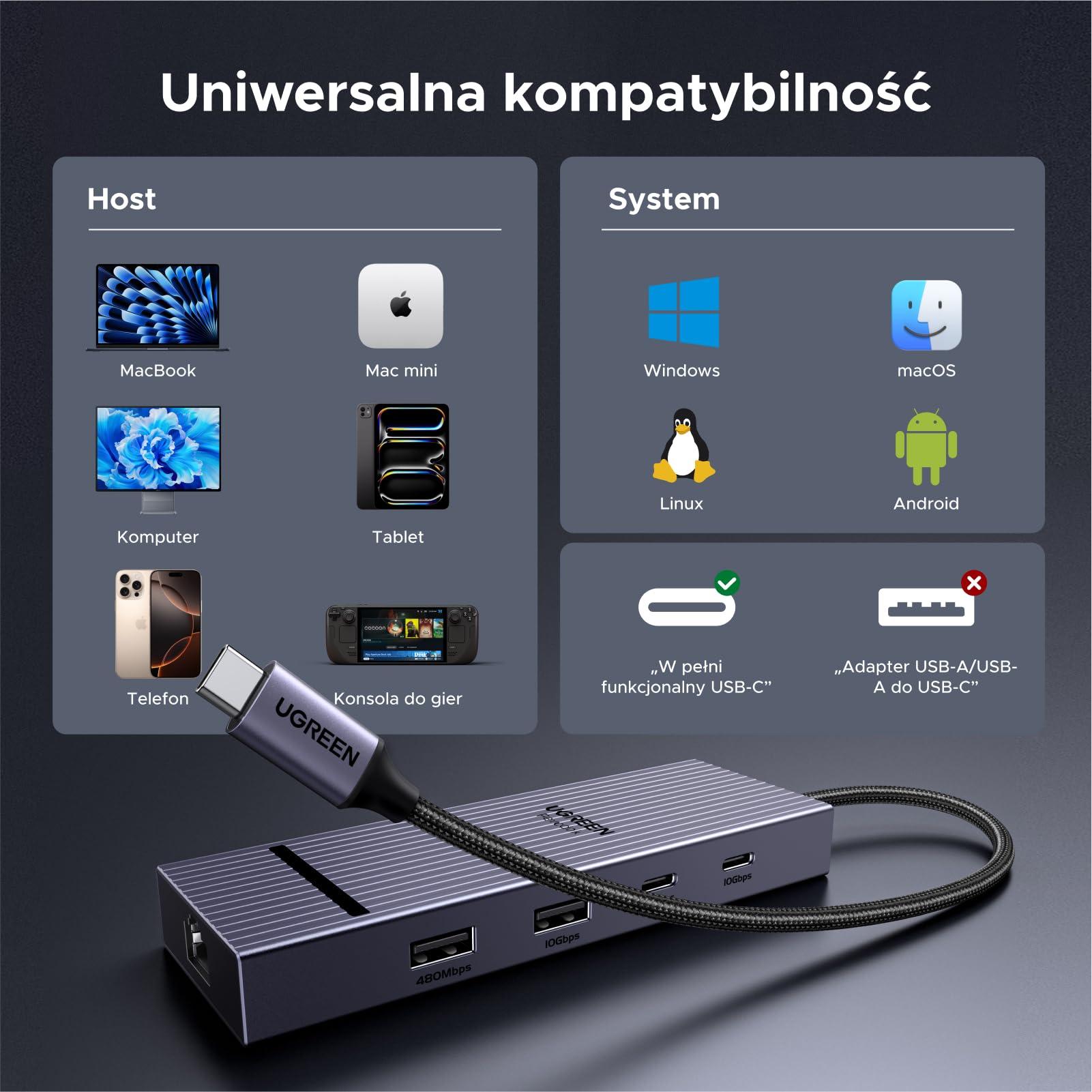 UGREEN USB C Hub z DisplayPort 4K 60Hz, stacja dokująca z USB 3.2 10 Gb/s | DP 4K@60Hz, RJ45 Ethernet, PD 100 W, adapter wieloportowy kompatybilny z MacBook, iPad Pro, laptop Surface itp.