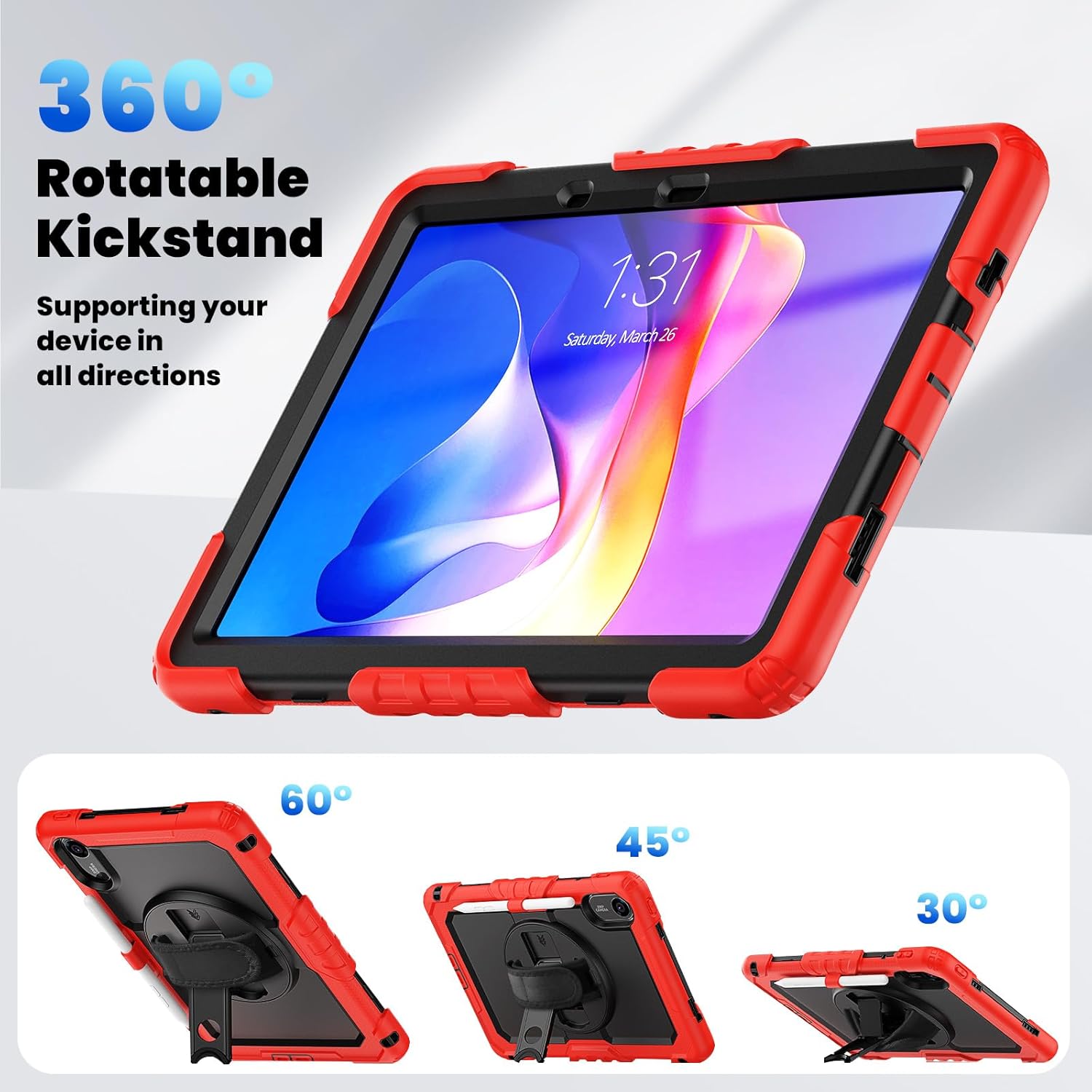 Compatible with Xiaomi Redmi Pad 2 11 inch Released 2025 Case with Screen Protector Heavy Duty Shockproof Protective Case Drop-Proof Cover Swivel Kickstand+Handle+Strapp Silicone Cover(Red)