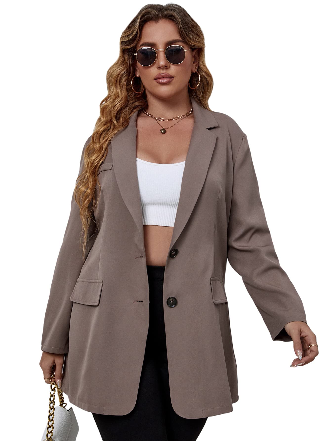 WDIRARA Womens Plus Size Button Front Long Sleeve Blazer Work Office Jacket