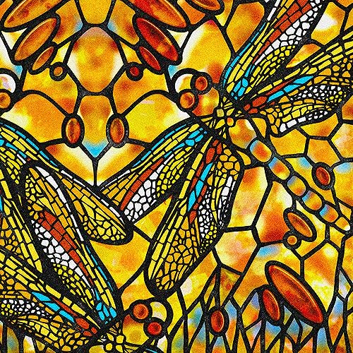 funlife Original Hand Drawn Double-Sided Privacy Dragonfly Stained Glass Window Film, Removable Frosted Texture Static Window Cling Glass Covering Window Decor, Autumn Boho Dragonfly 16.9