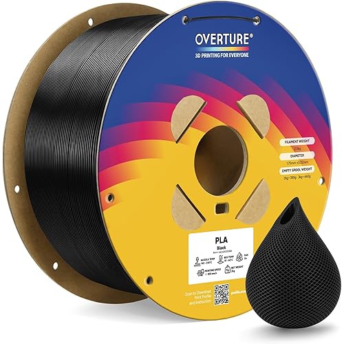 OVERTURE PLA Filament 1.75mm, Neatly Wound 3D Printer Filament 3kg Spool (6.6lbs), Dimensional Accuracy +/- 0.02 mm, Fit Most FDM 3D Printers (Black 3KG-1 Pack)