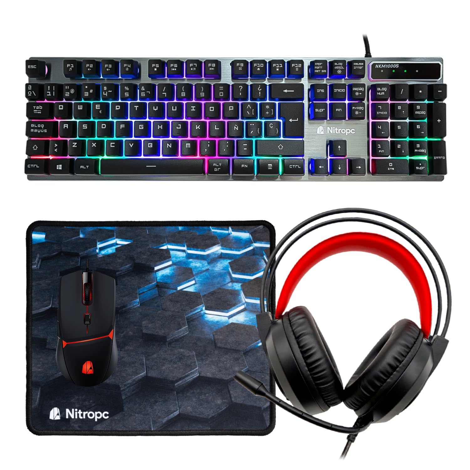 NitroPC - Pack Avanzado | PC Gaming Completo (Intel Core i5 14400F 4/8 4.7 GHz RTX 3050 8GB, RAM 16GB, M.2 1TB, Windows 11 Pro, RGB | WiFi,Monitor 24" Teclado ratón Auriculares) PC sobremesa (Blanco)