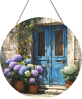 Rustic Old Wooden House Hydrangeas Wooden Welcome Sign For Front Door,12 Inch Round Hanging Wall Sign Plaque Farmhouse Decorations