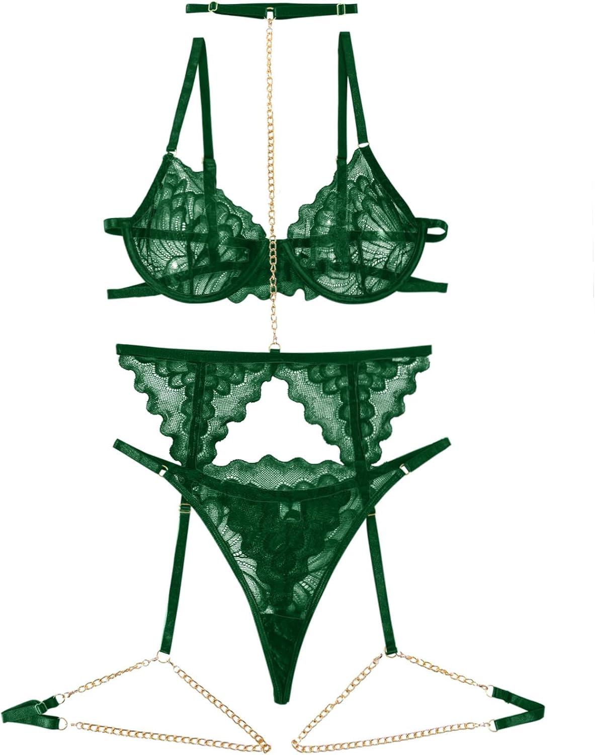 Lilosy Sexy Choker Floral Lace Scallop Sheer Underwire Push Up Garter Belt Lingerie Set 3 Piece - Image 2