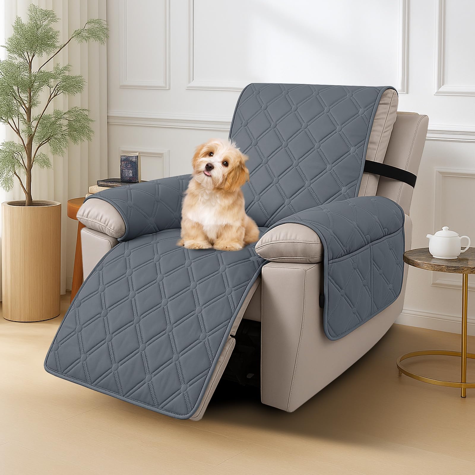 Ystyle Sesselschoner für Fernsehsessel, 100% Wasserdicht 1 Sitzer Sesselschoner mit Taschen Armlehne, rutschfest Sesselauflage Relaxsessel Anti-Rutsch Waschmaschinenfest, Dunkelgrau