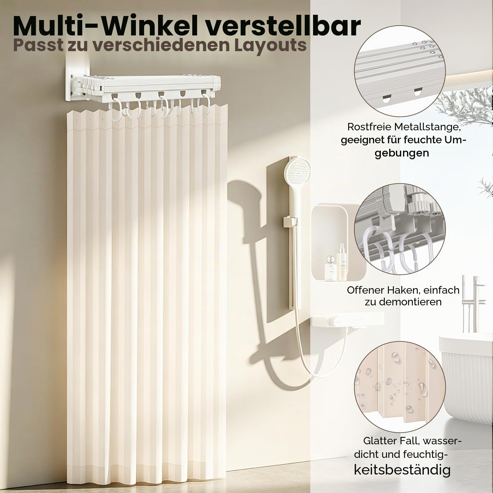 Faltbare Duschvorhangstange ohne Bohren 1,8x2m, 4/5-Fach Faltbarer Duschvorhang mit Stange Wasserdicht, L-Form/U-Form/Gerade Verstellbar, Platzsparend für Kleine Badezimmer, Wohnmobile
