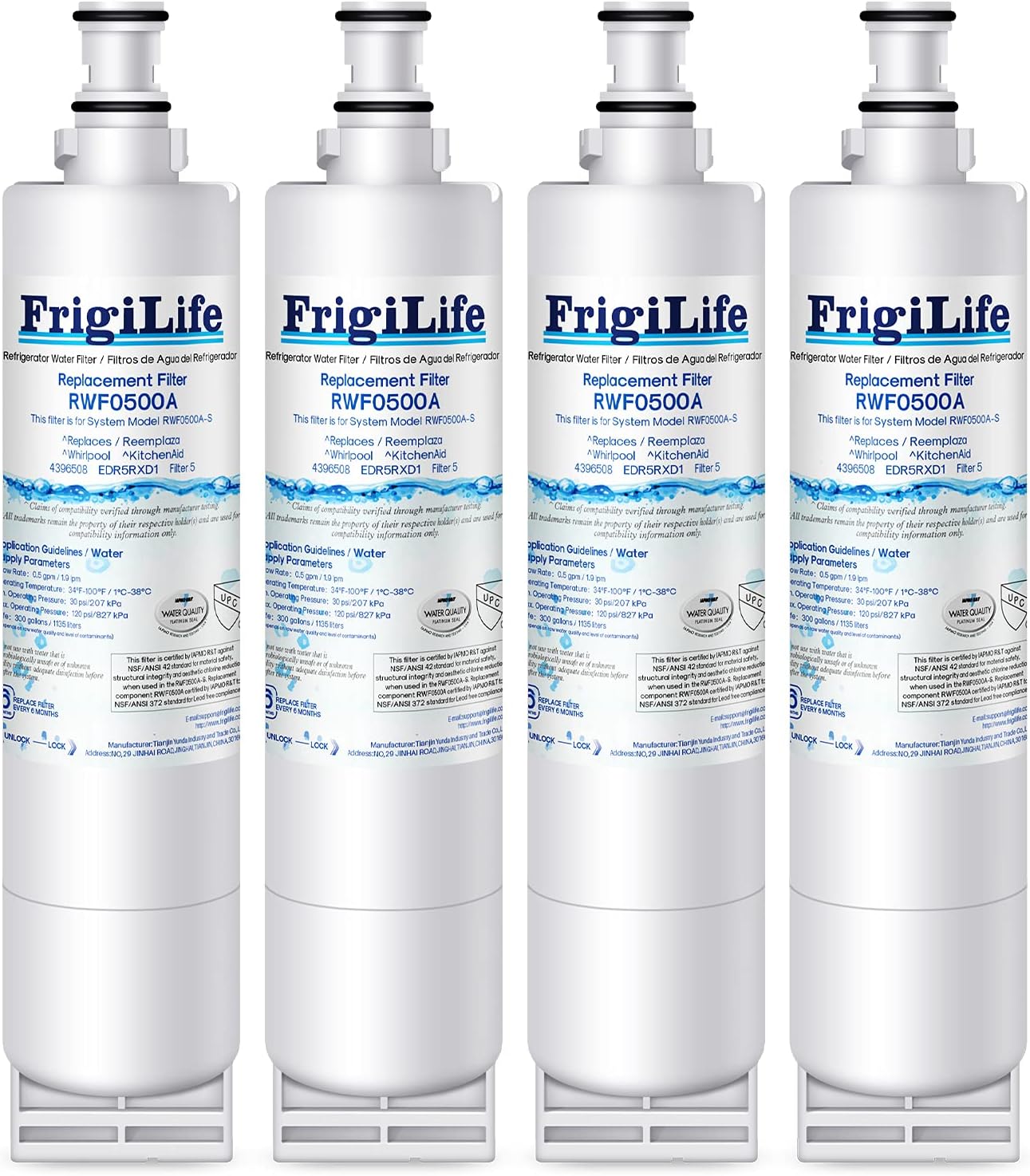 FrigiLife 4396508 Replacement for Whirlpool 4396510, EDR5RXD1, NLC240V, PNL240V, 4396508p, 4396547, 4392857, 9010, LC400V, WF-NLC240V, 46-9010, Everydrop Filter 5 Refrigerator Water Filter, 4 Pack