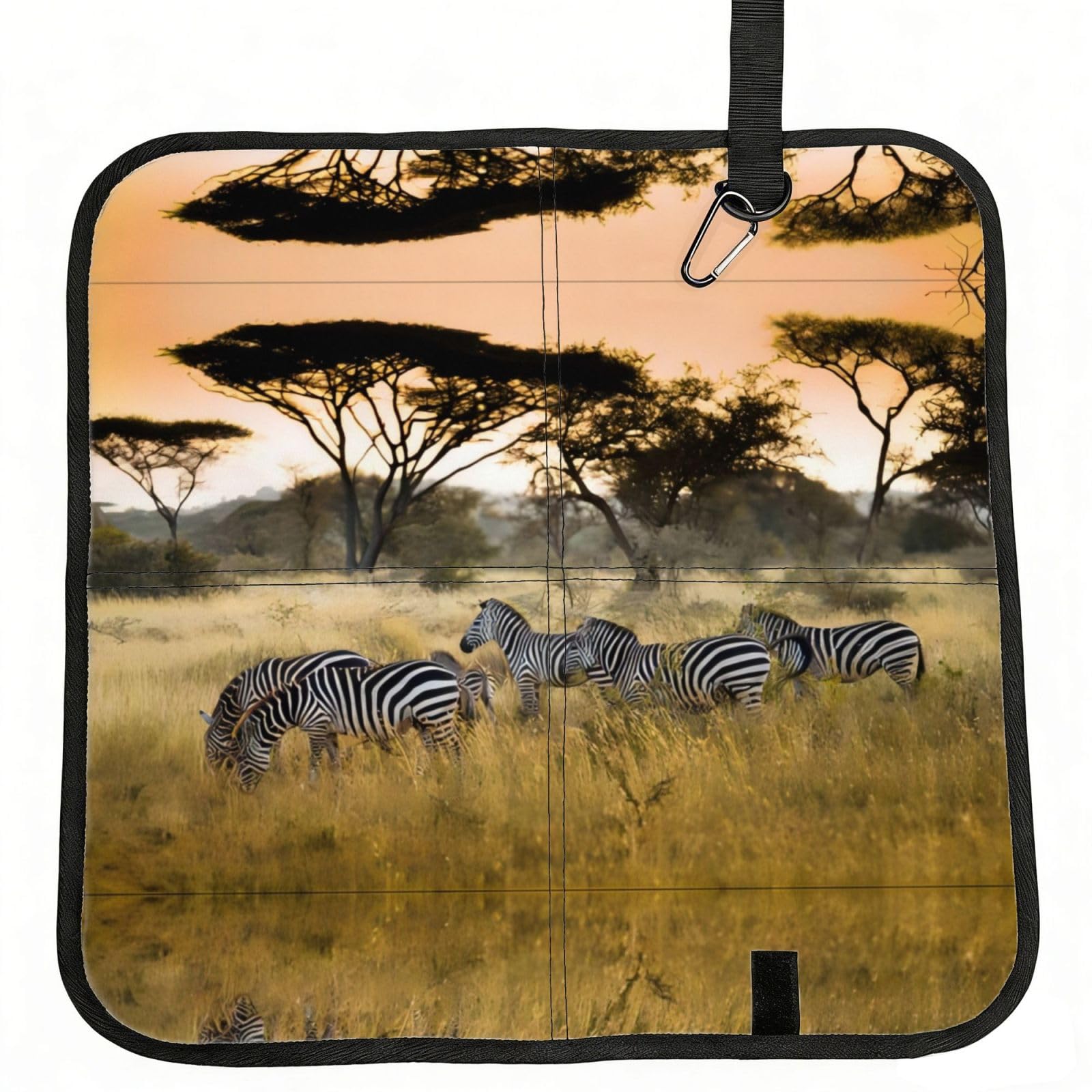 WBQLSL Africa Grassland Zebra Foldable Seat Cushion - Portable Stadium Pad with Carabiner for Camping Hiking Picnic Beach