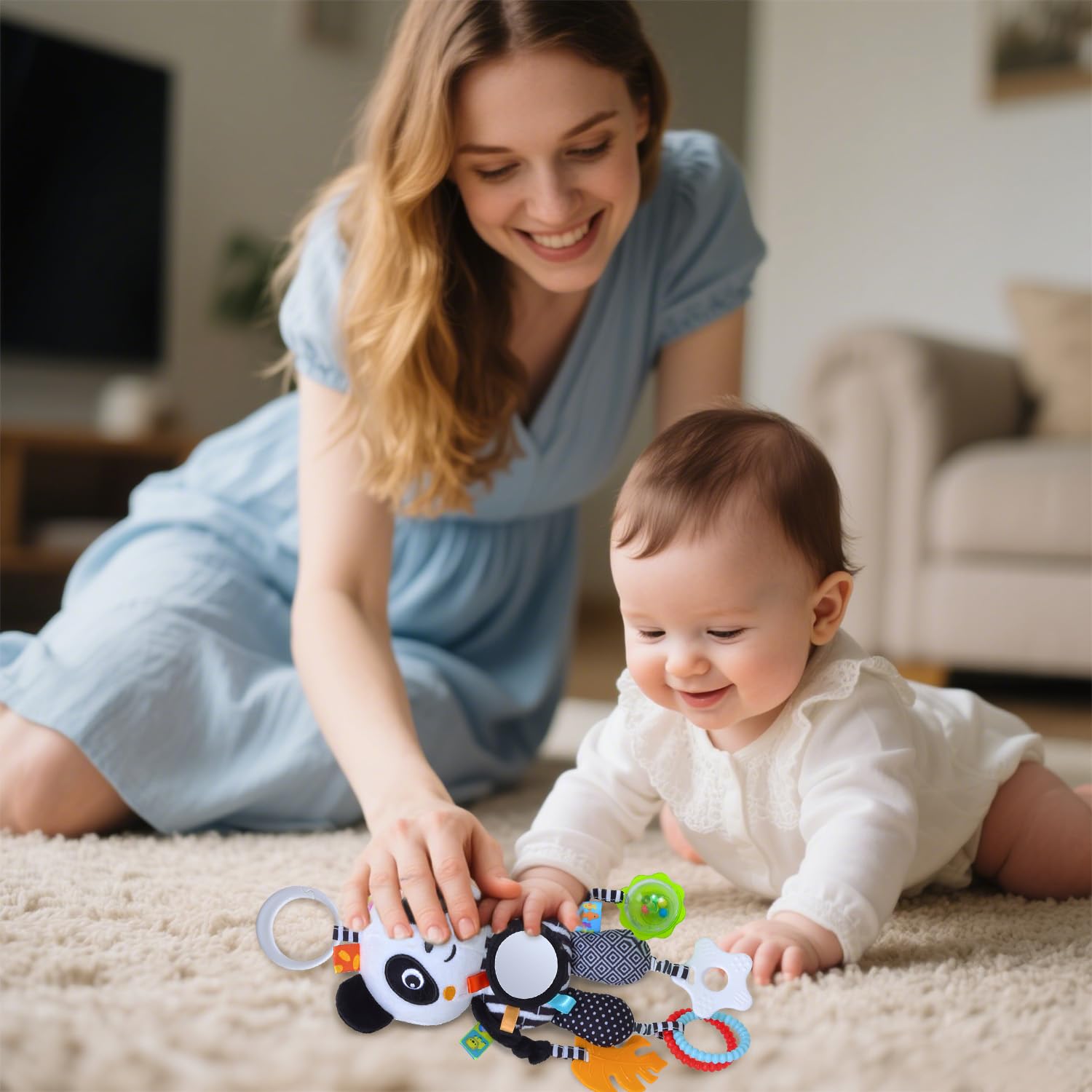 Noir et Blanc Jouets Bébés,Peluche Animal Suspension Hochets Jouet,Bébés Jouet Sensoriel,Nouveau-nés Poussette Jouets Cadeau pour Garçons et Filles 0 3 6 9 12 Mois