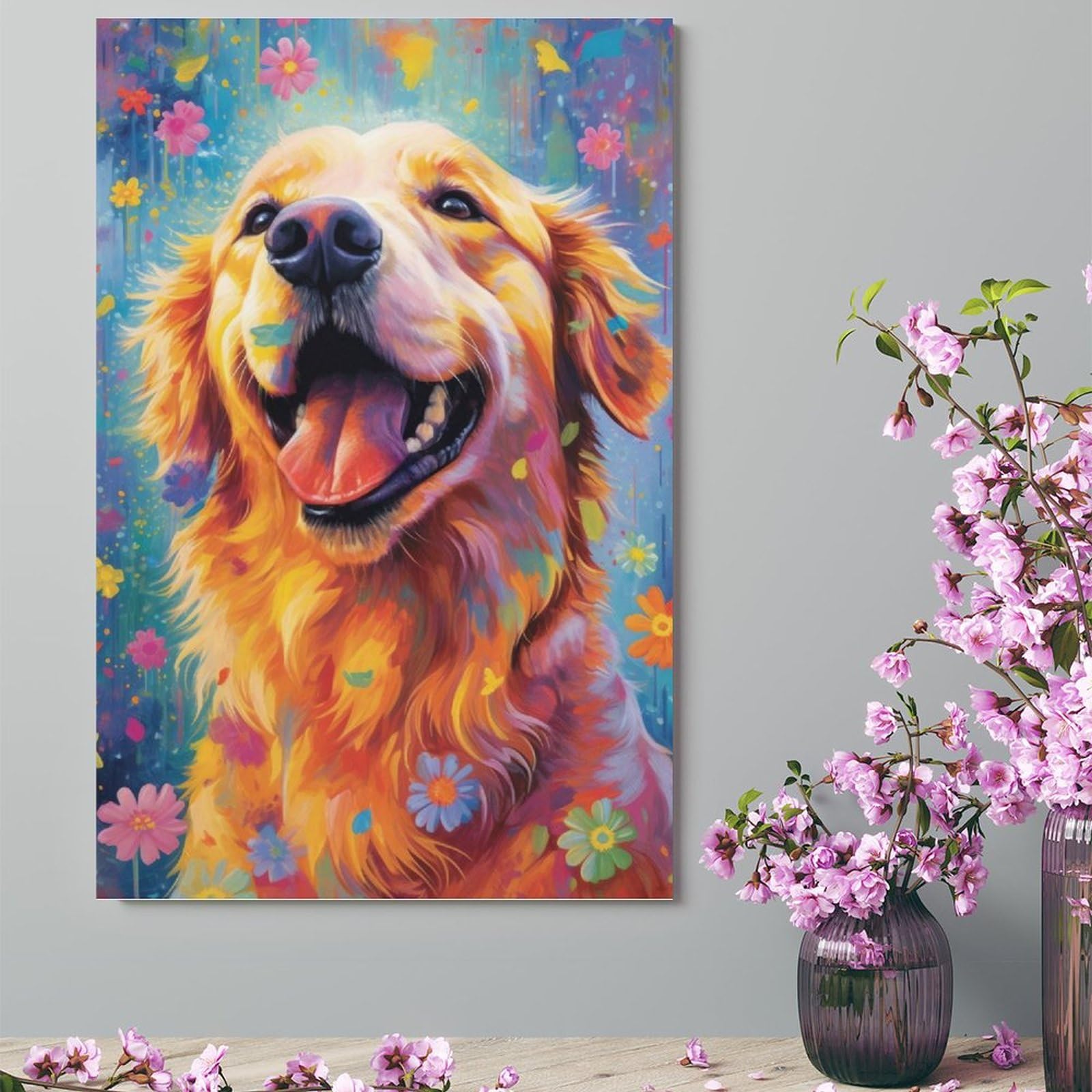 Amazon.co.jp: 絵画 カラフルなゴールデンレトリバーインテリア 絵画