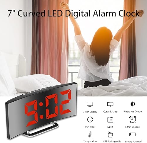 Miniatura 9 de Reloj despertador digital, reloj despertador LED con diseño curvo moderno, 2 niveles de brillo+apagado, 3 alarmas, repetición, fuente de