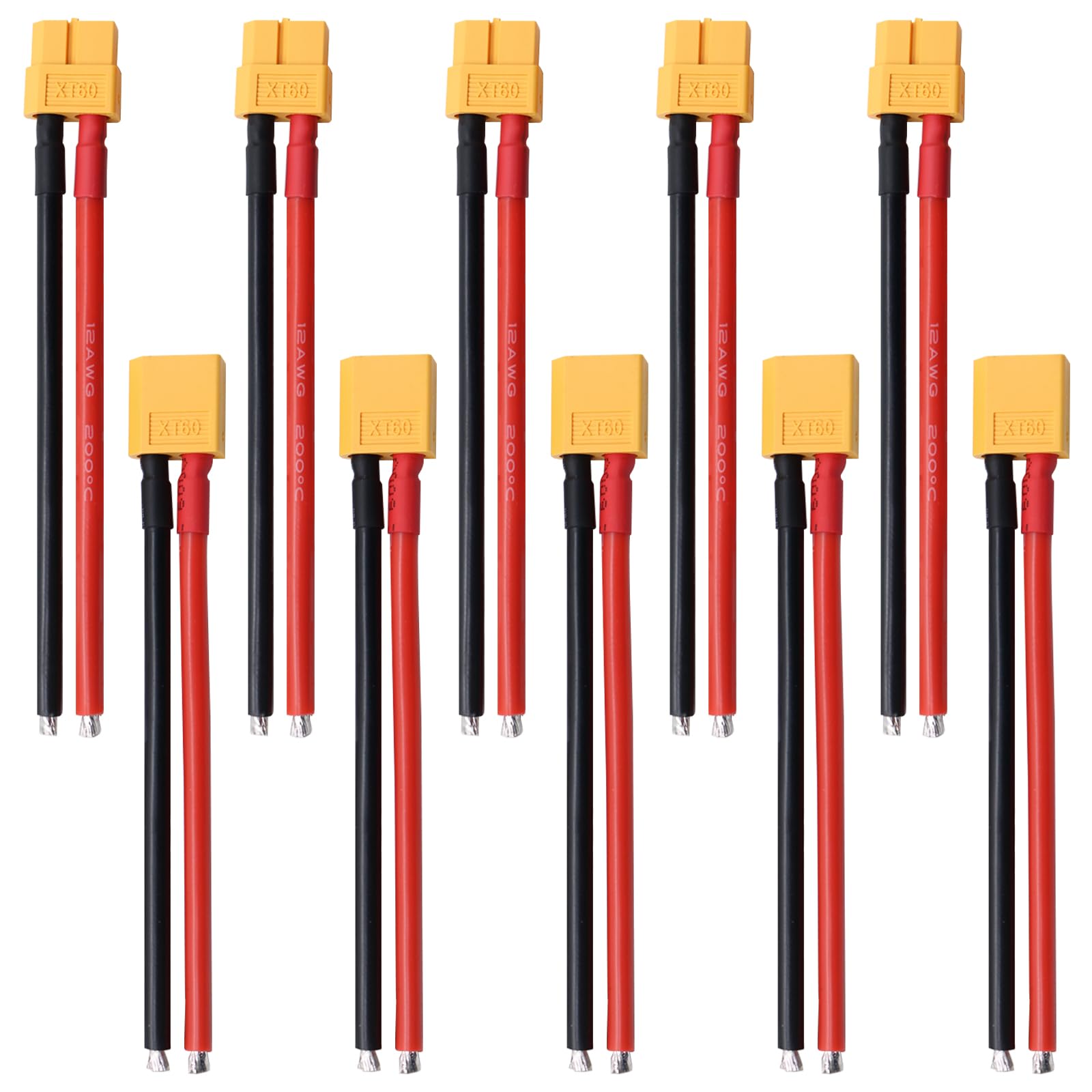 Tosiicop XT60 Connector Plug Cable - 10 PCS Female and Male XT60 Extension cables with 12AWG Silicon Wire Cables for RC Lipo Battery Connectors Airplane Car Boat 100mm (5 Female and 5 Male)