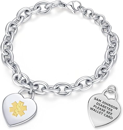Divoti Pulsera de alerta médica 316L grabada con láser profundo con dije de corazón para mujer, ajustable (se adapta a muñecas de hasta 8.5 pulgadas)