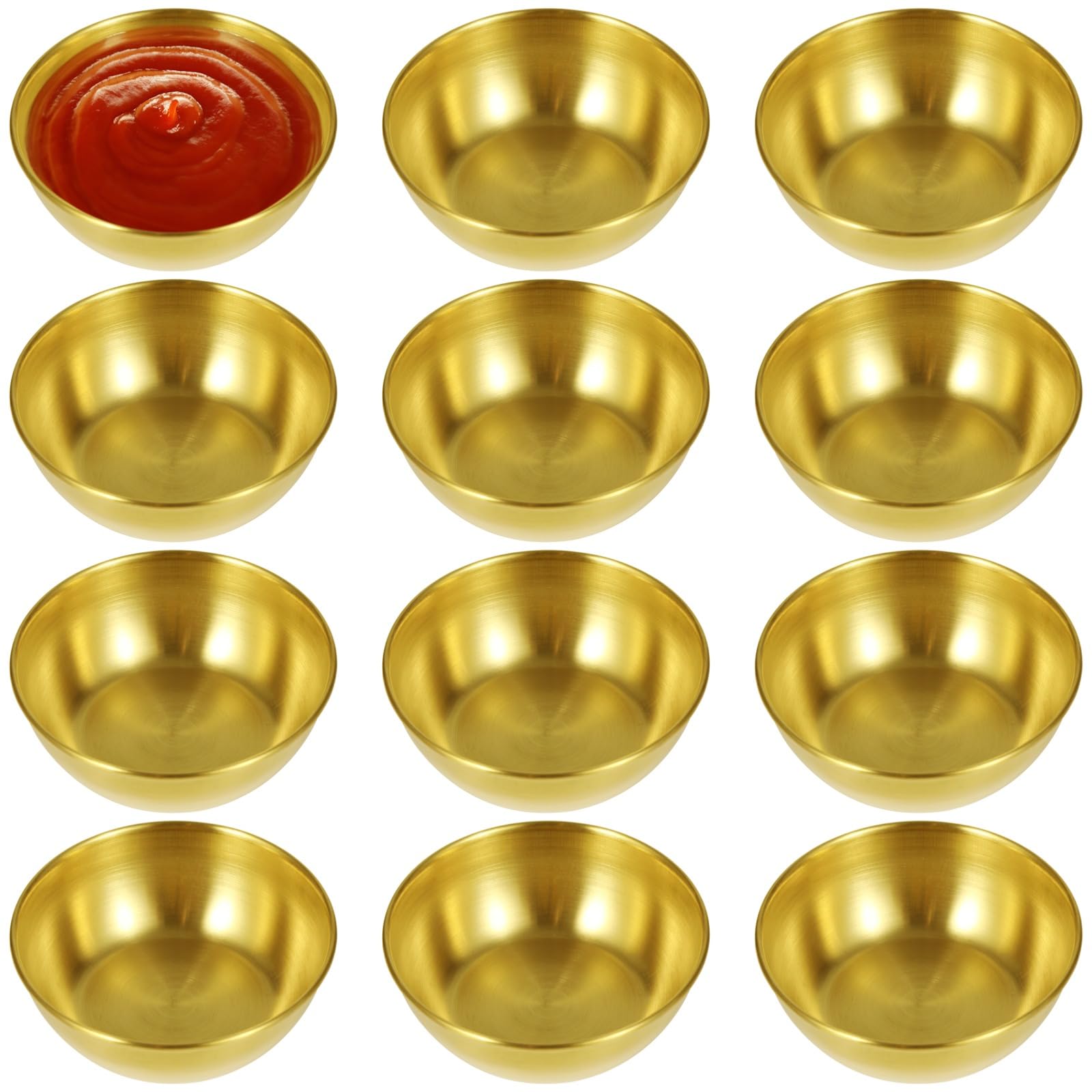 Lot de 12 coupelles à sauce en acier inoxydable, coupelles rondes dorées, petit plat à sauce et à tremper pour assaisonnement, plateau apéritif pour maison, fête, restaurant, 3,2 x 1,2 pouces