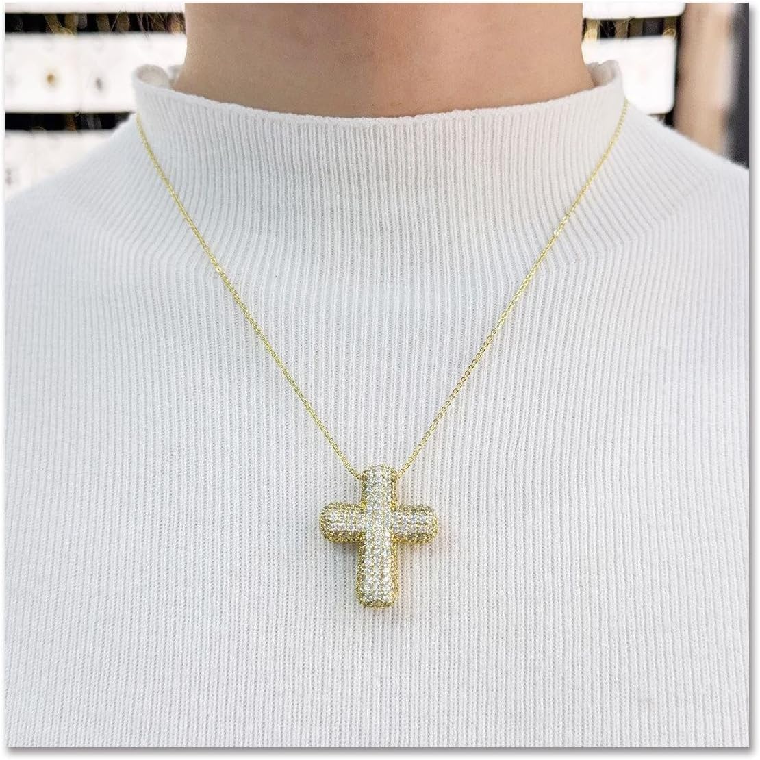 LIU JUN Bubble Cross Necklace For Women, 14k Gold Plated Cubic Zirconia Balloon Cross Pendant Cuban Chain Charm Statement Simple Faith Gift Jewelry - Image 4