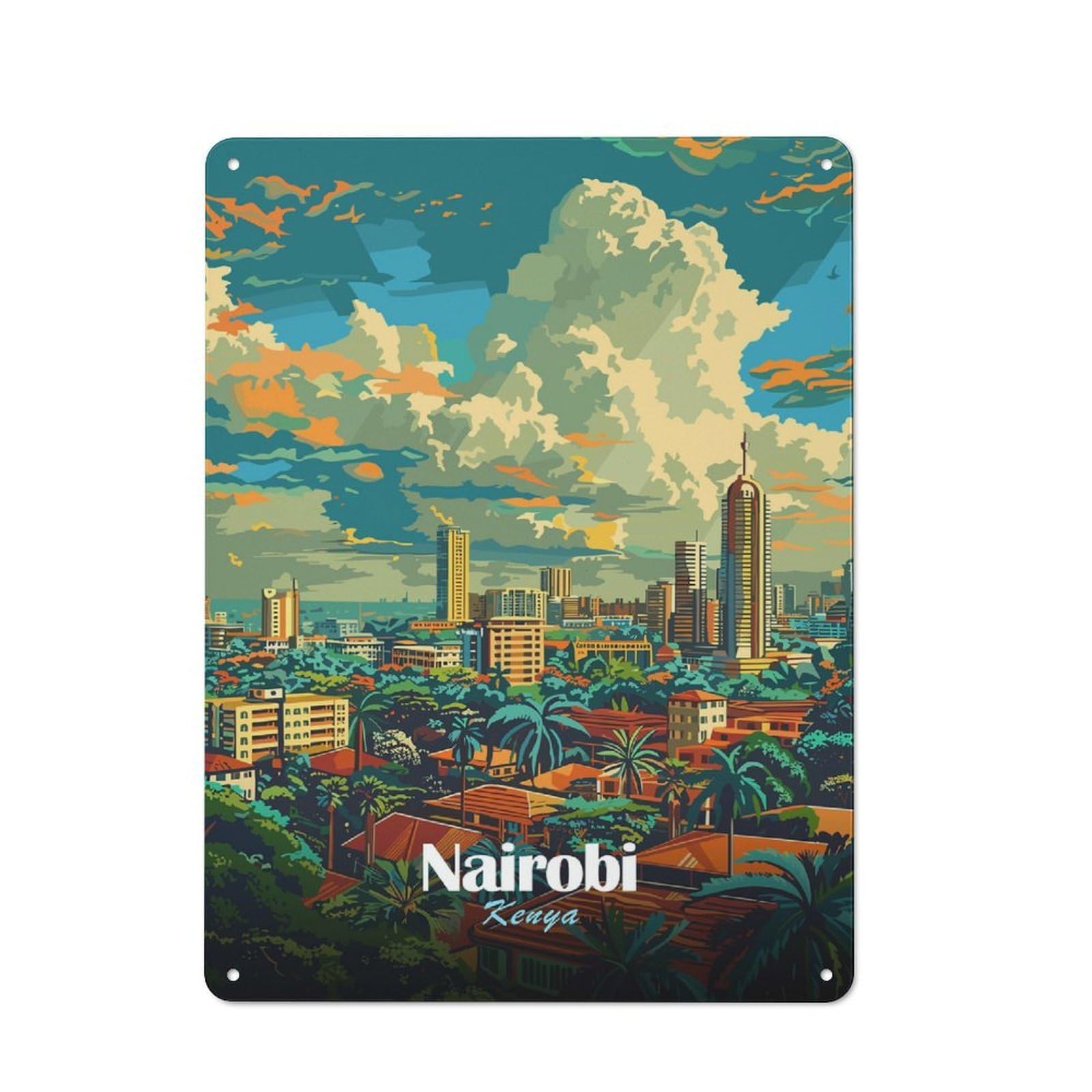 Junmoney Style-2 Vintage Nairobi Skyline Illustration Metal Plaque 40X30cm, Diner Style Decor For Bakery, Diner, Cafe Or Family Room