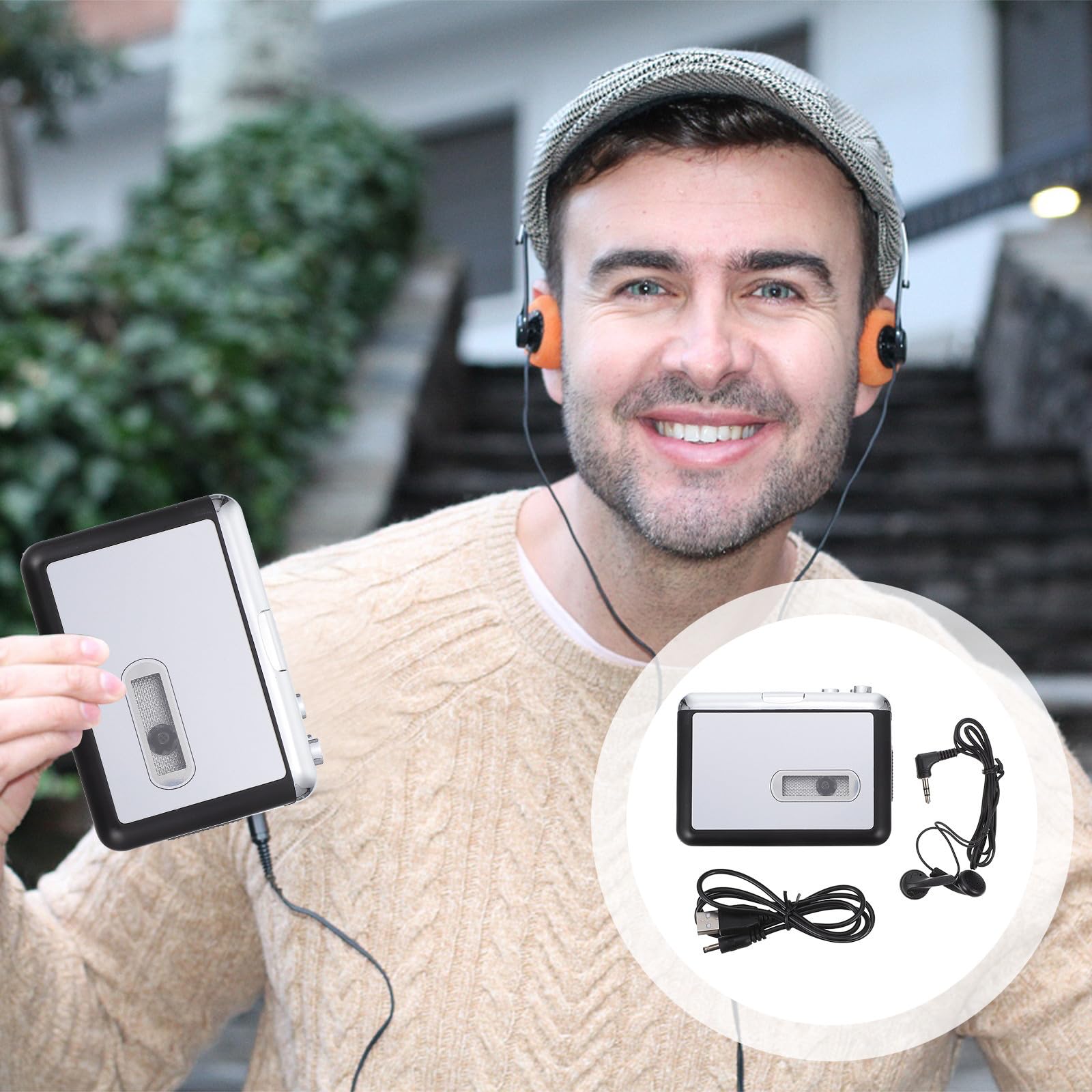 ORFOFE Lettore Tape-to-MP3 Convertitore USB in Plastica Argento, Funzione di Conversione Audio Diretta su USB, Alimentato a Batterie AA, Adatto per Appassionati di Musica