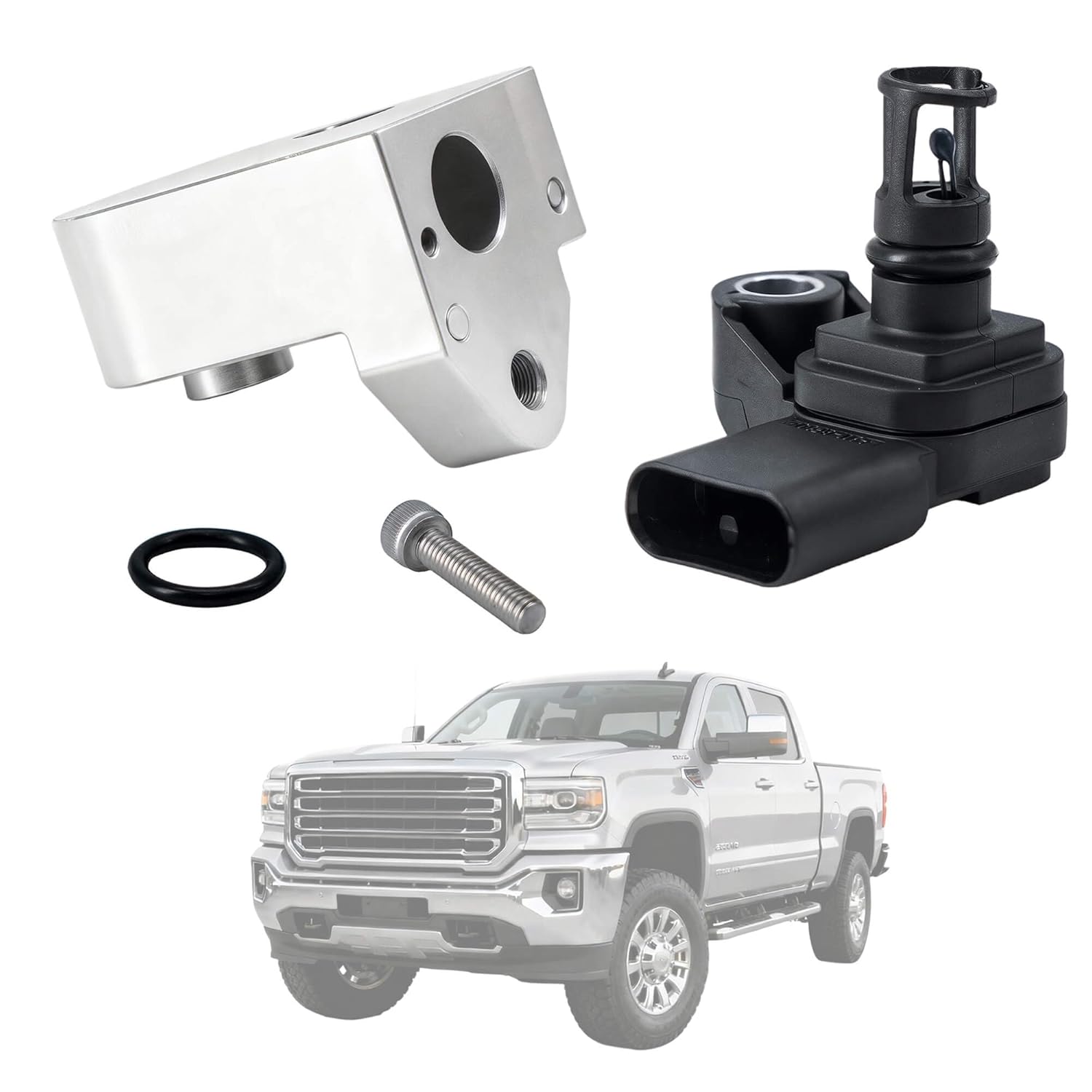 Intake Air Pressure and Temperature Sensor MAP Sensor+Spacer Kit Compatible with GMC Sierra Chevrolet Silverado 2500HD 3500HD 6.6L Diesel Engine Replace 12681993 12707766 (1, White, Normal)