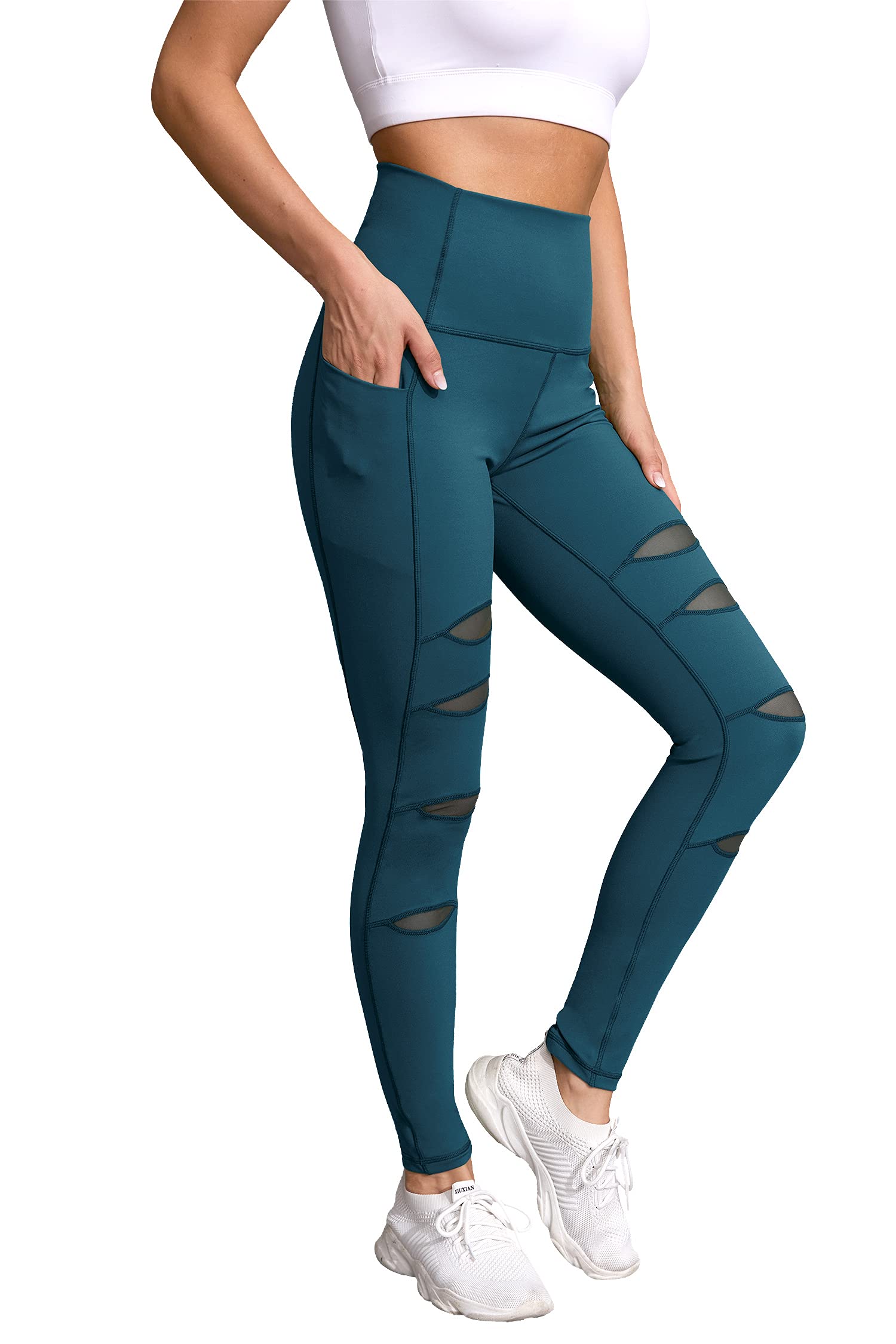 H HIAMIGOS Women's High Waisted Sports Leggings Stretch Gym Workout Running Yoga Pants with Pockets for Pilates, Fitness, Cycling, Daily Leisure XXL Dark Teal
