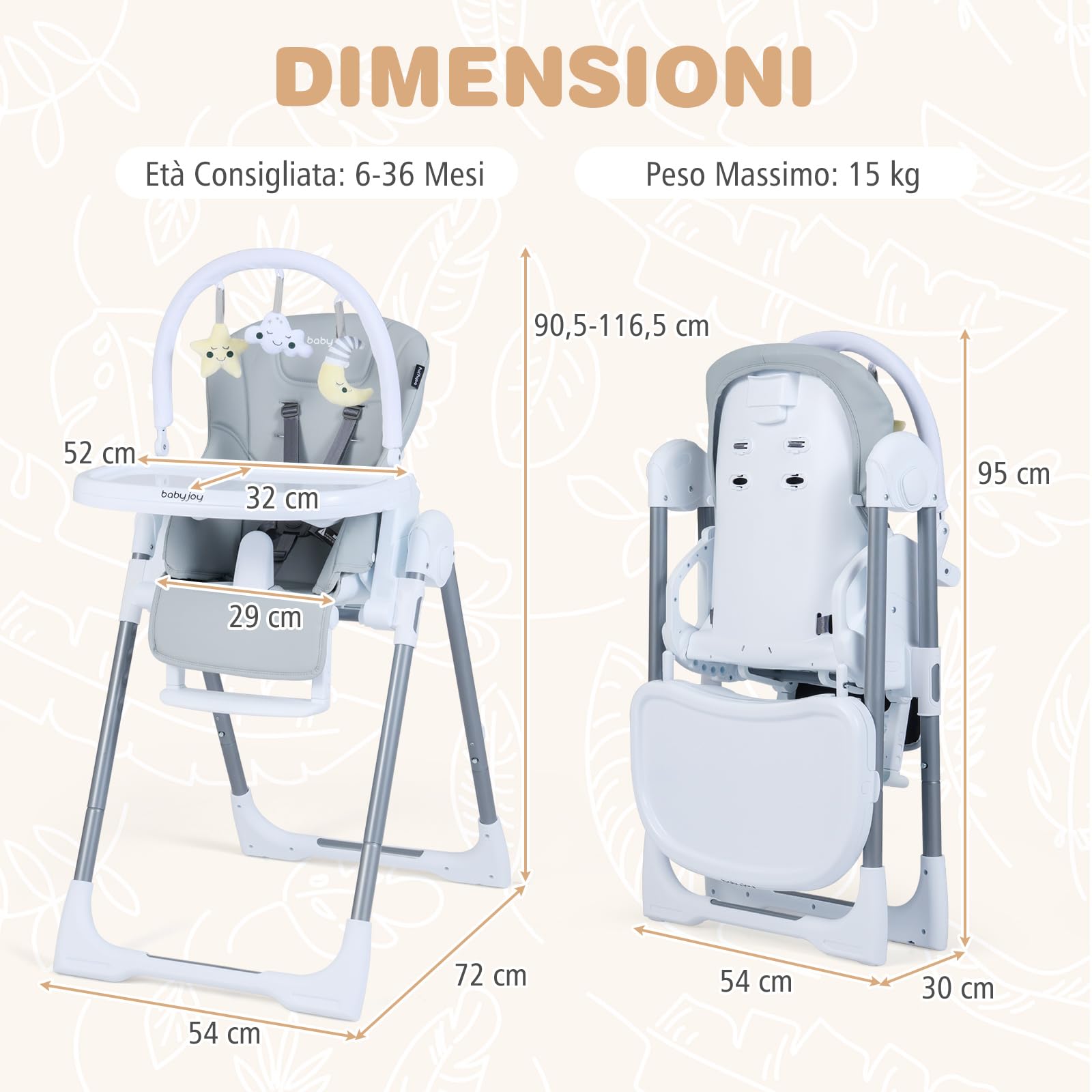 COSTWAY Seggiolone Pappa Portatile, con Altezza Regolabile, Schienale Reclinabile e Vassoio Rimovibile, Seggiolone Evolutivo Pieghevole con Cintura e 2 Ruote, per Bambini 6-36 Mesi (Grigio Chiaro)