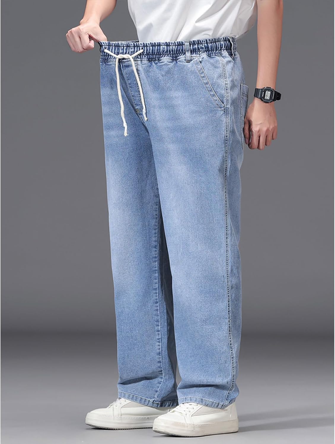 Plus Size Baggy Jeans for Men Stretchy Straight Loose Jett Jeans Drawstring Waist Pull On Denim Sweatpants L-5XL - Image 6