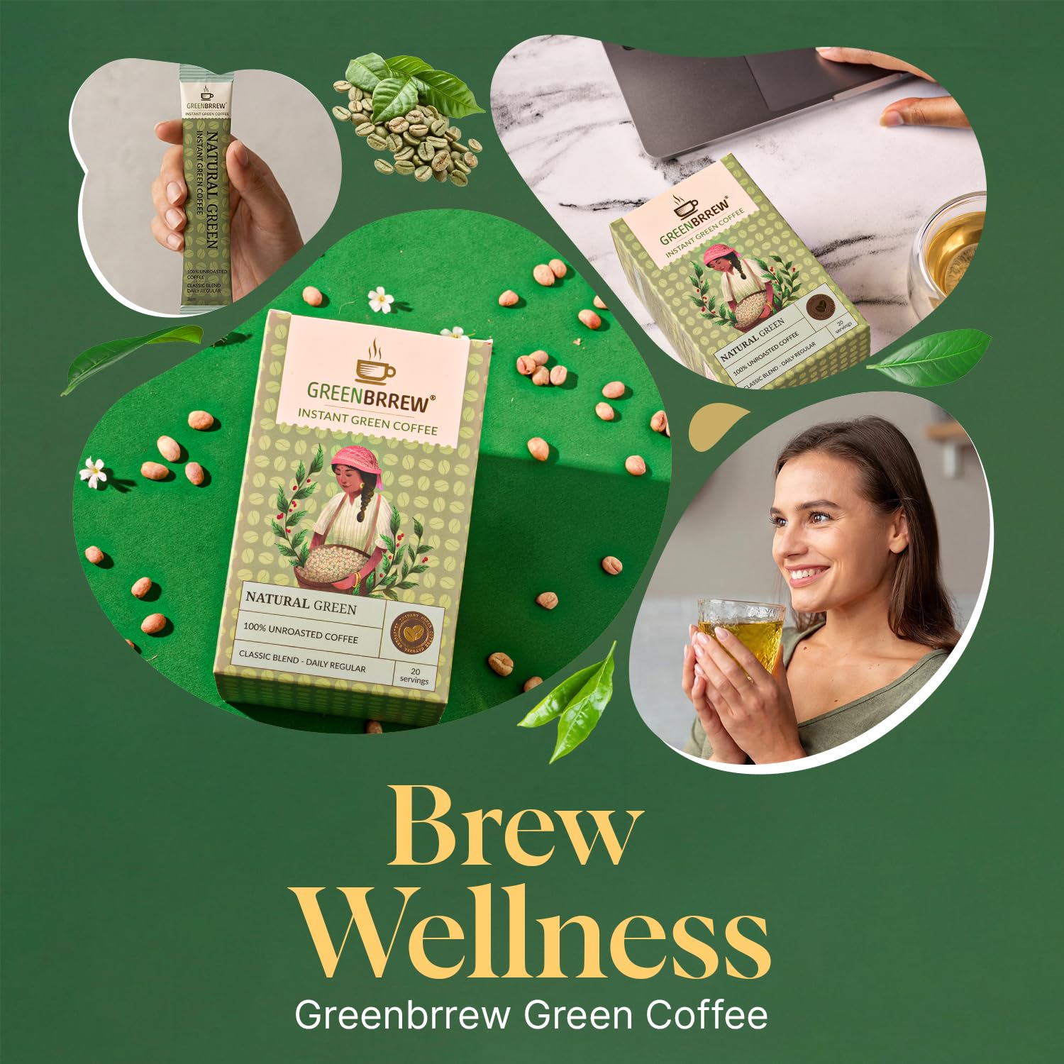 Greenbrrew Natural Instant Green Coffee - 20 Easy Mix Sachets, Pack of 1 (60g) 4