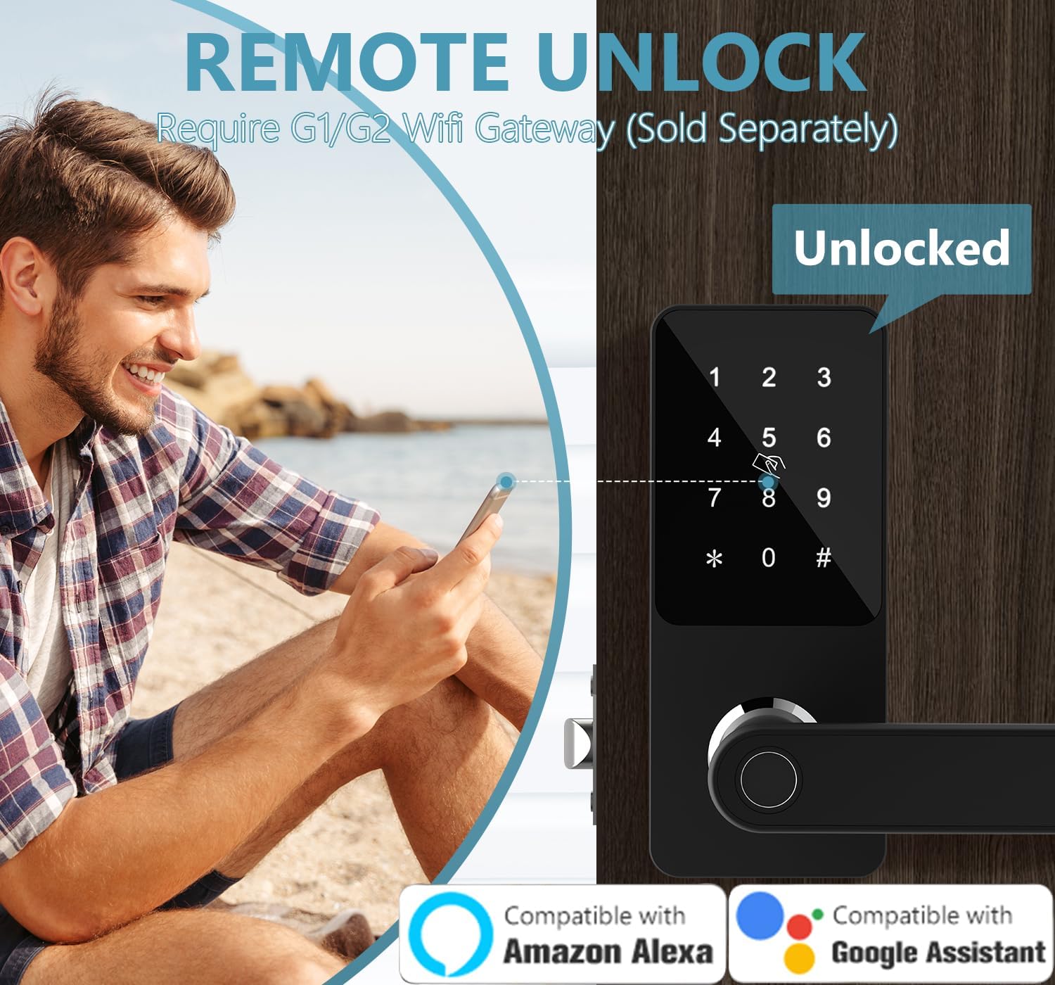 HOTATA Keyless Entry Locks for Front Door, Electronic Keypad Fingerprint Smart Lock with 6-in-1 Unlock - Fingerprint, Bluetooth, Code, IC Card, Key, Remote Unlock (Black)