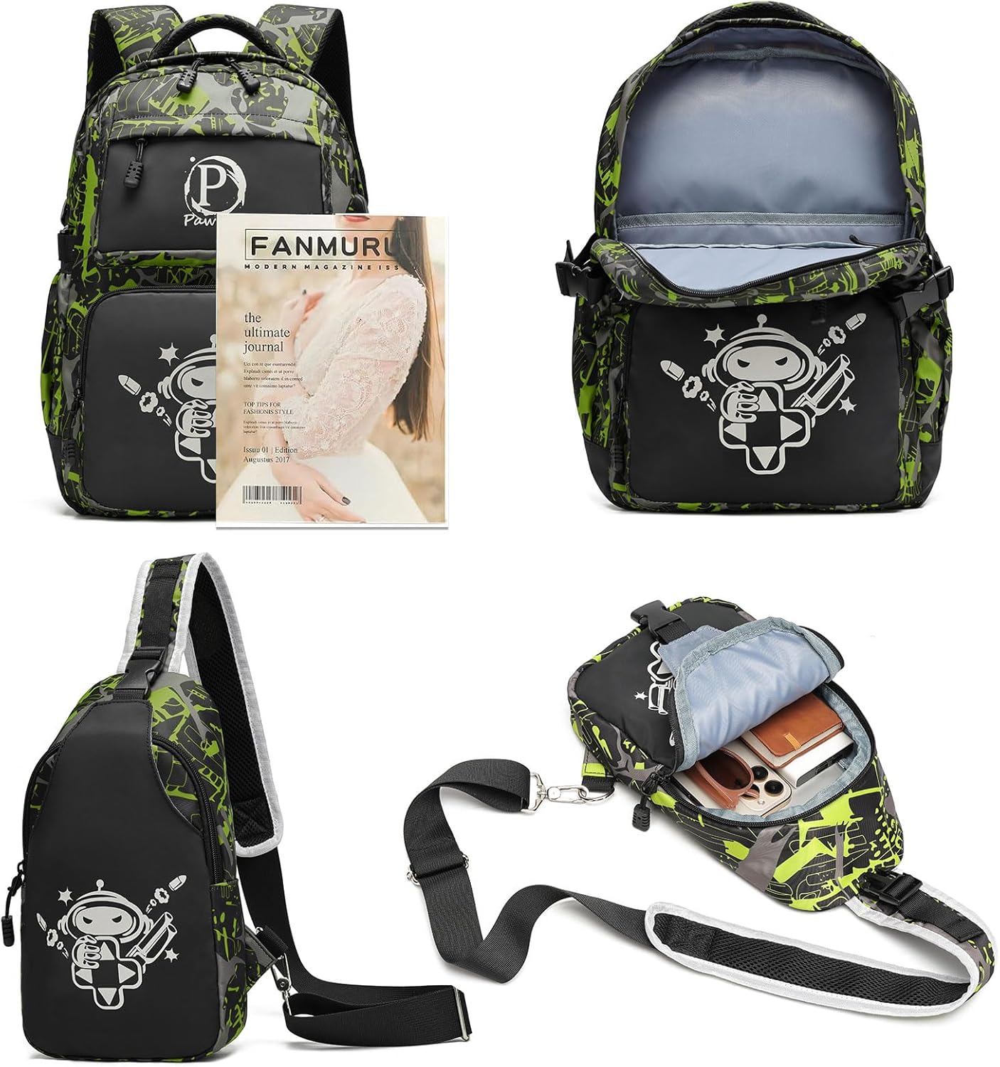 Boys Backpack, Cool Luminous School Backpack with USB Charging Port for Teen Boys, Kindergarten Elementary College Middle School Bookbag Lightweight Laptop Bag with Sling Bag Set, Green - Image 8