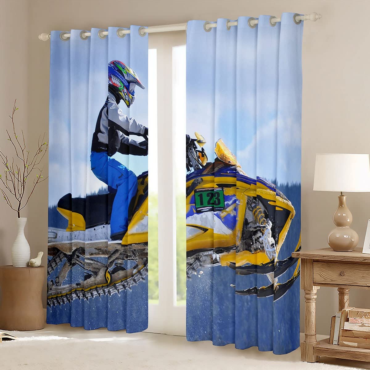 Snowmobile Window Curtains Men Snow Mountain Landscape Window Drapes For Kids Boys Girls Teens Adult Extreme Sport Game Window Treatments Winter Seasonal Sport Curtain Room Decor 52