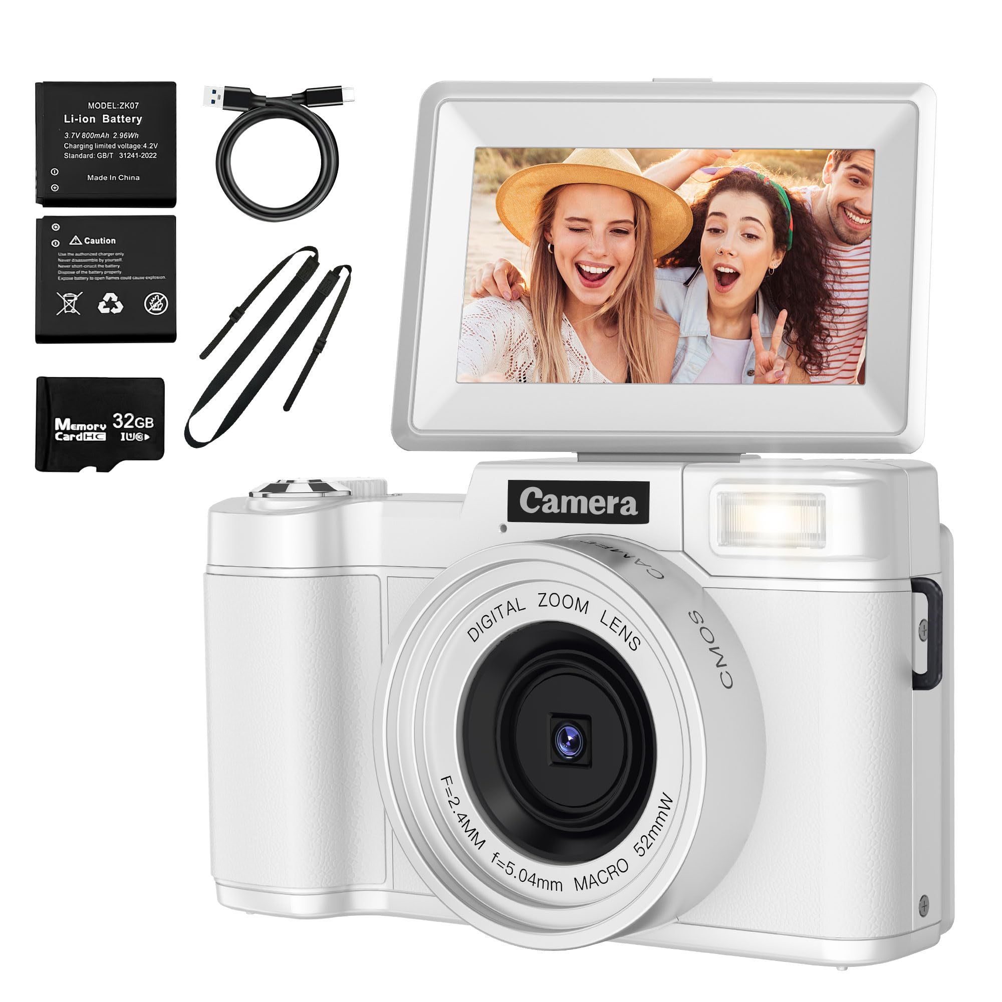 ZHUOFUYXCH 48MP 16X Digital Zoom 4K Digital Camera for Students and Beginners - Ideal Vlogging Camera with 4K Video, 3 Inch 180°Flip Screen, Flash,