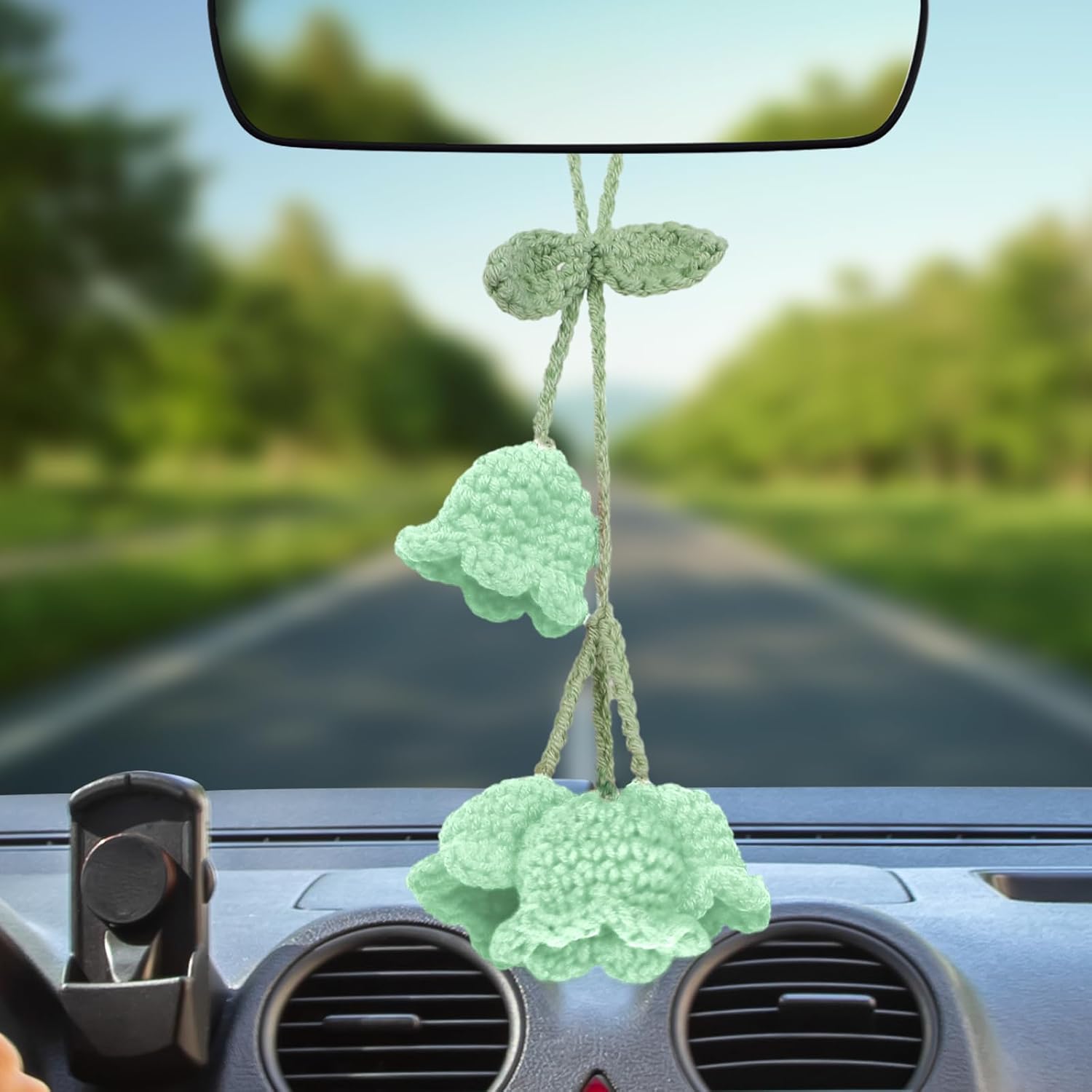 Crochet Lily of The Valley Mirror Hanging Ornament for Cars, Cute Hand Knitted Flower Rear View Mirror Car Charm, Hanging Pendant Decor Car Accessories for Women (Mint Green)