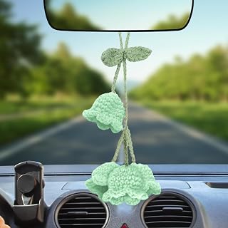 Crochet Lily of The Valley Mirror Hanging Ornament for Cars, Cute Hand Knitted Flower Rear View Mirror Car Charm, Hanging Pendant Decor Car Accessories for Women (Mint Green)