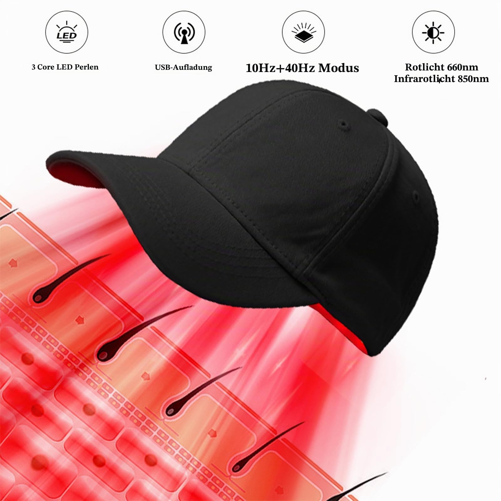 GOURIXIN Laser Cap Rotes Licht Therapie Cap für Haarwachstum, Rotlichtlampe Haare Anti-Haarausfall, 300 LED-Lampenperlen Therapiekappe 660nm 850nm, mit USB Aufladung und Abnehmbarem Panel