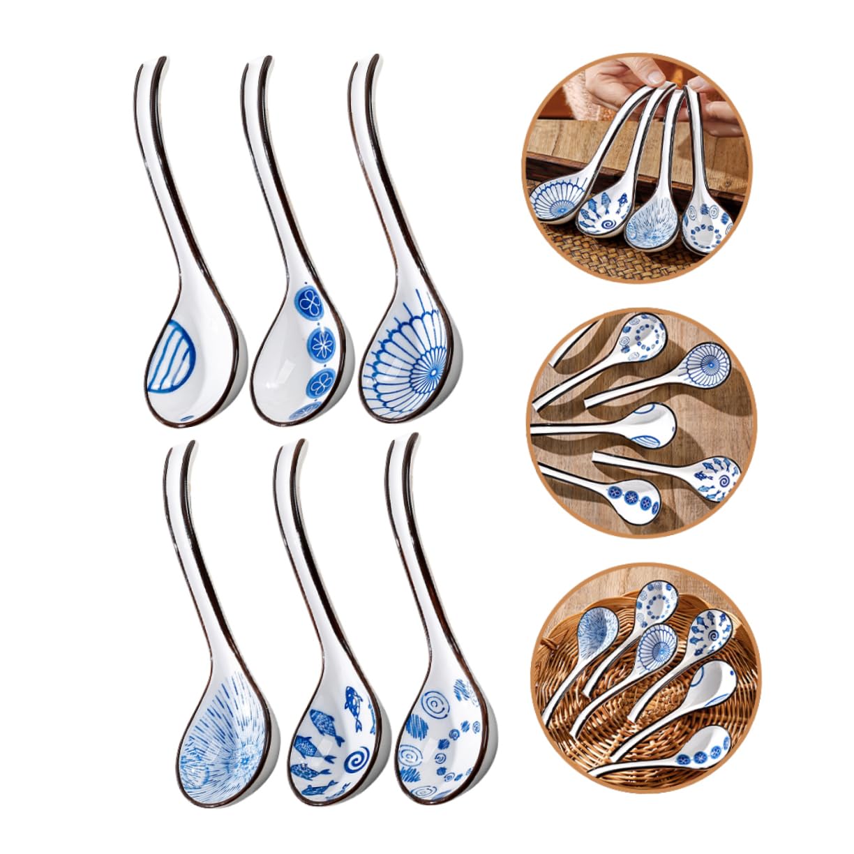Cucharas de Sopa de Cerámica Azul y White, 6 Piezas