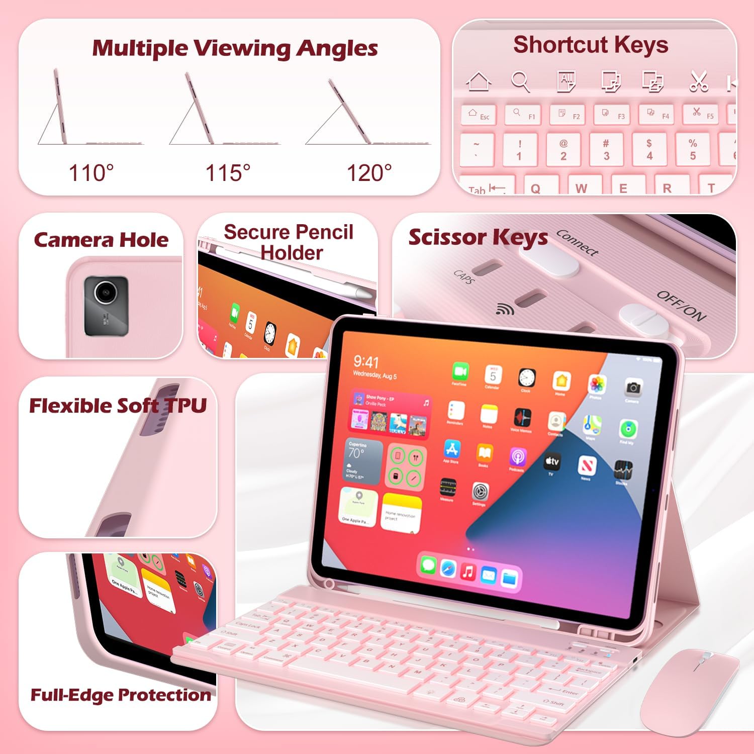 Keyboard Case for Lenovo Tab M11 / K11 LTE 11 Inch 2024, Mouse and 7 Colors Backlit Detachable Keyboard, Adjustable Stand Built in S Pen Holder, Auto-Sleep/Wake Feature, Pink